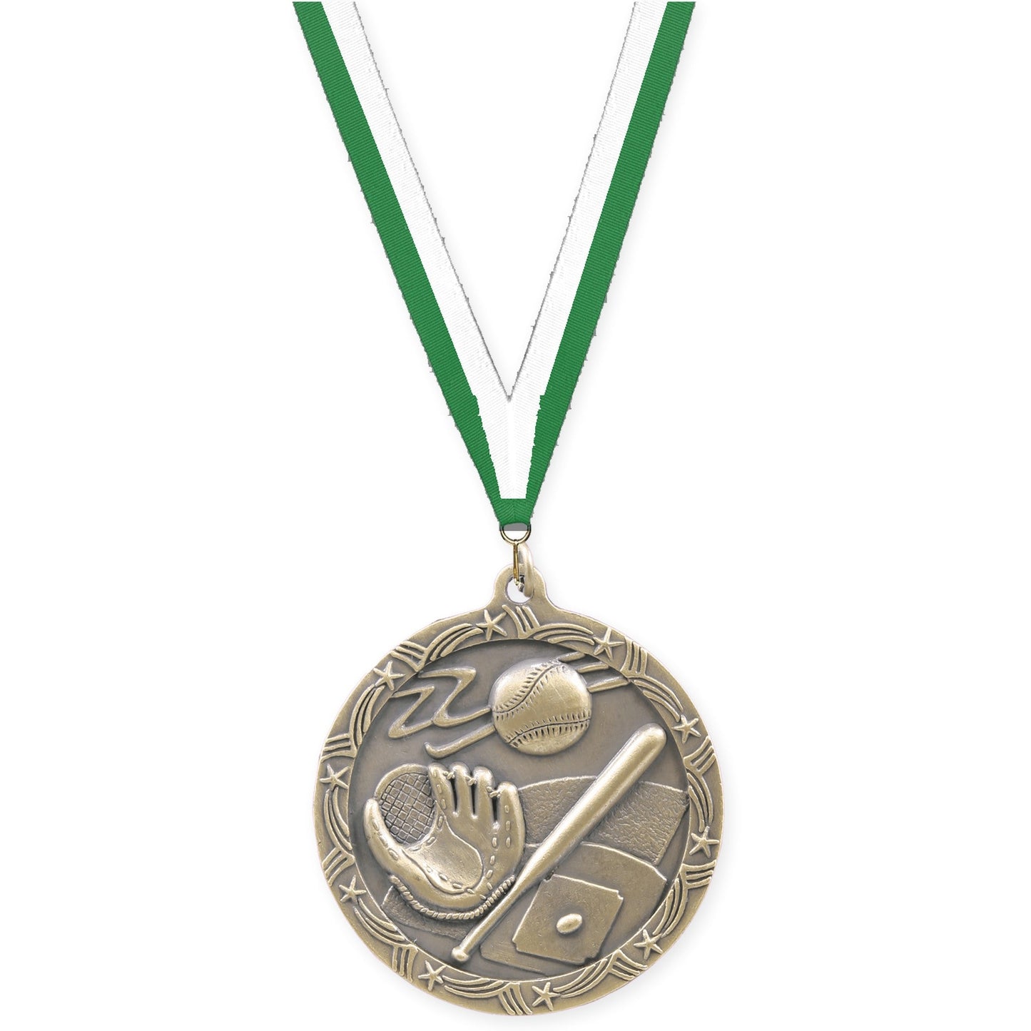2 1/2 inch baseball and softball Shooting Star medal in antique gold with Green White neck ribbon