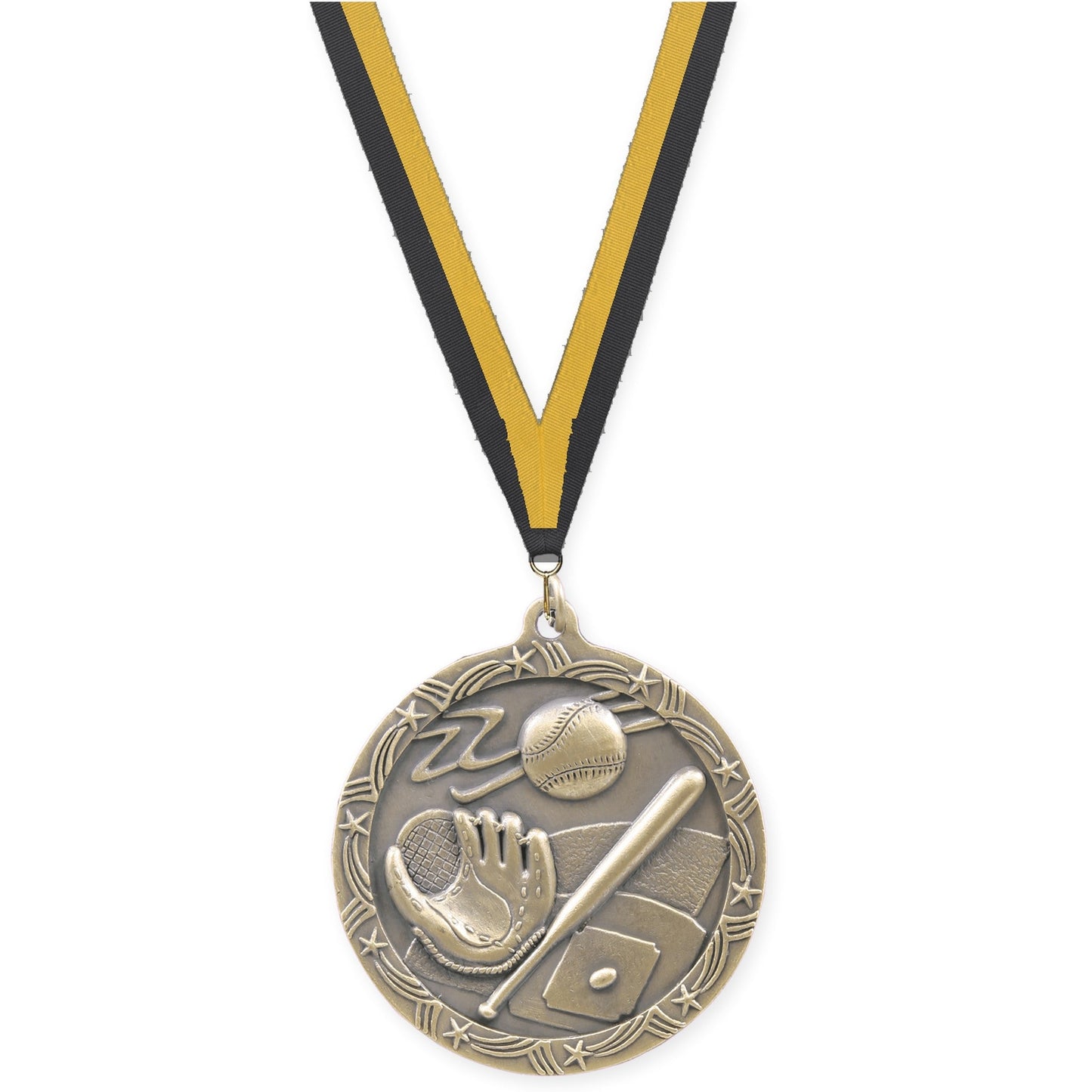 2 1/2 inch baseball and softball Shooting Star medal in antique gold with Black Gold neck ribbon