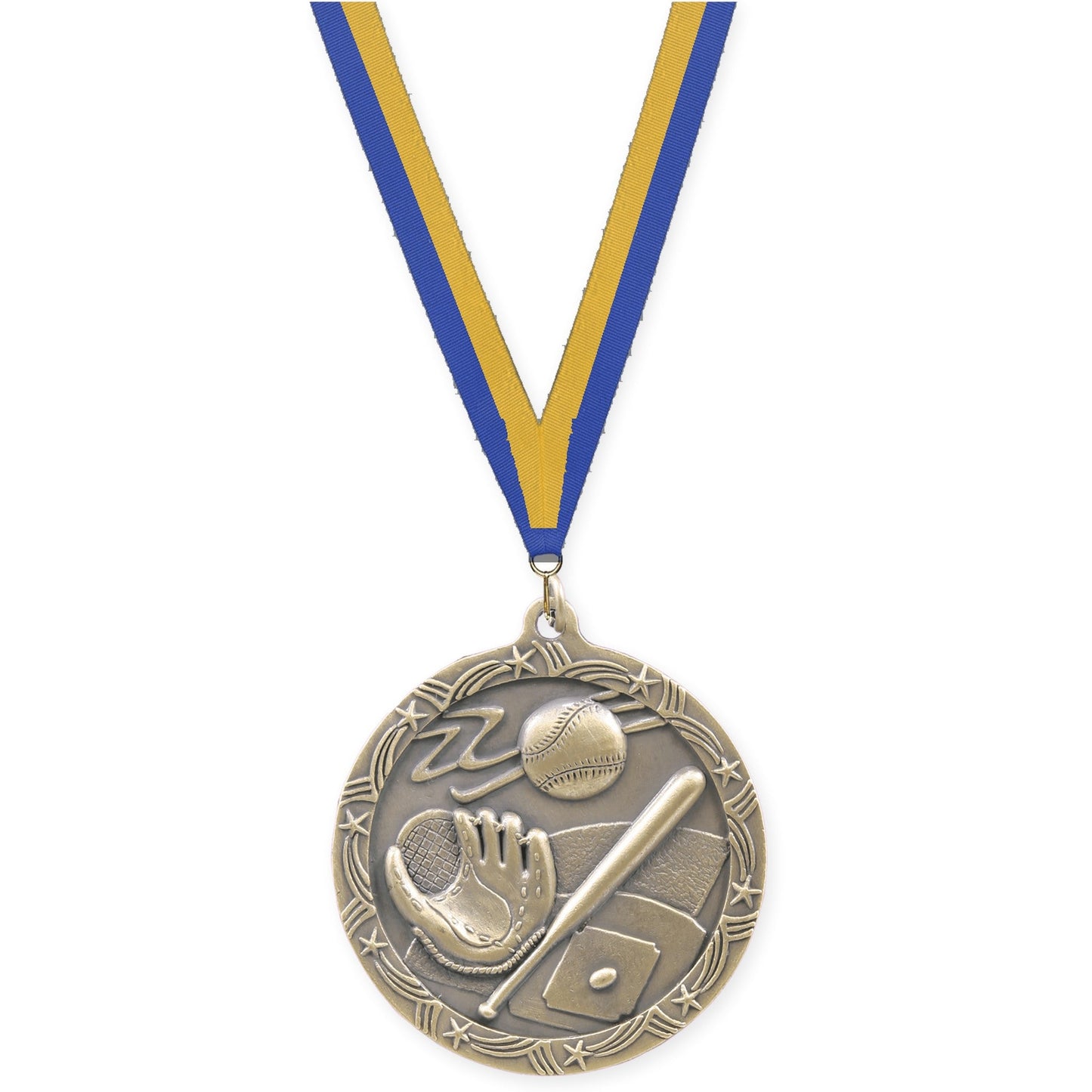 2 1/2 inch baseball and softball Shooting Star medal in antique gold with Blue Gold neck ribbon