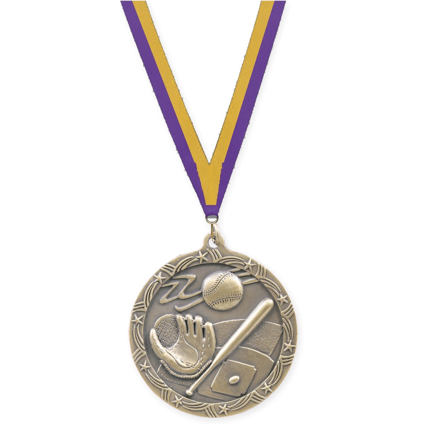 2 1/2 inch baseball and softball Shooting Star medal in antique gold with Purple Gold neck ribbon