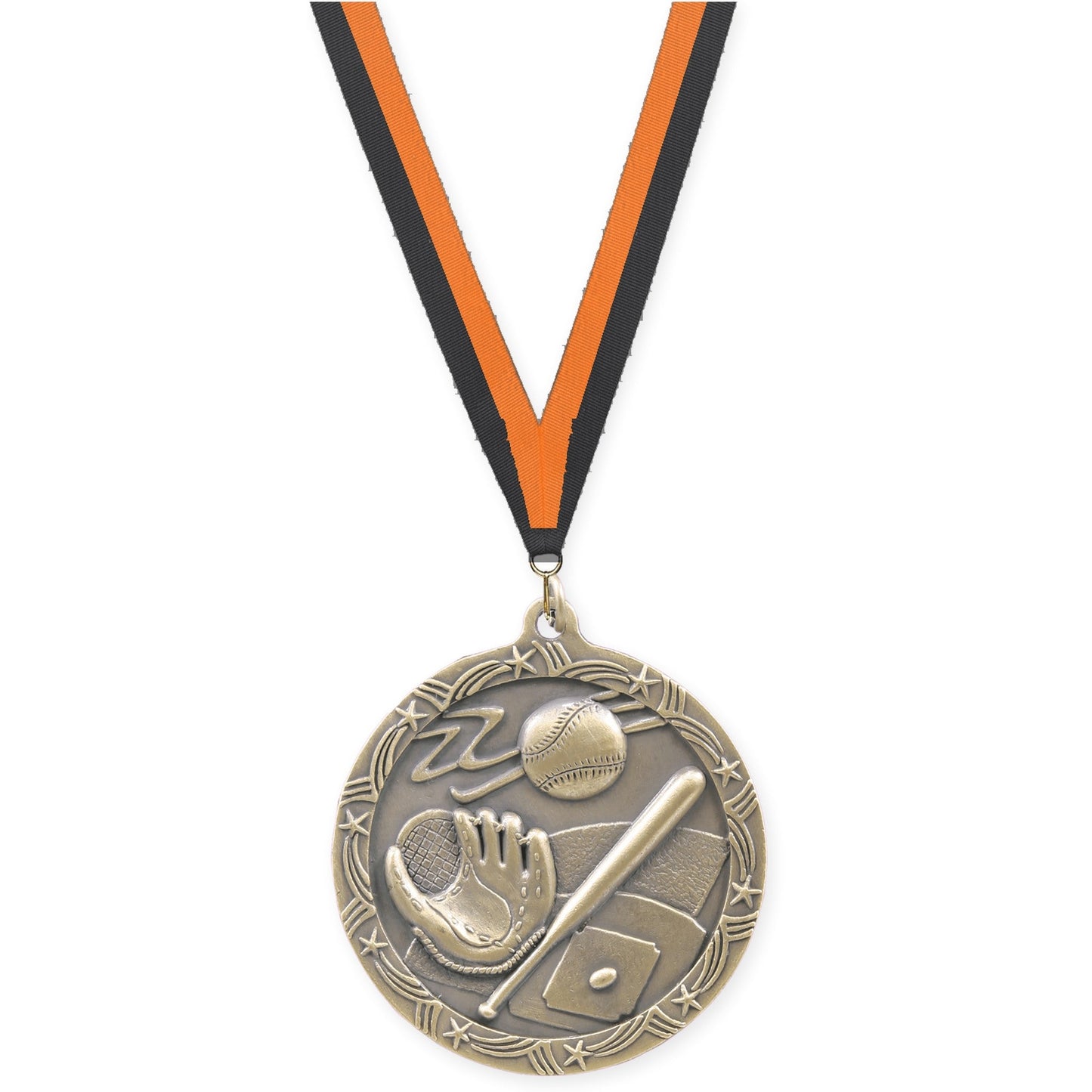 2 1/2 inch baseball and softball Shooting Star medal in antique gold with Black Orange neck ribbon