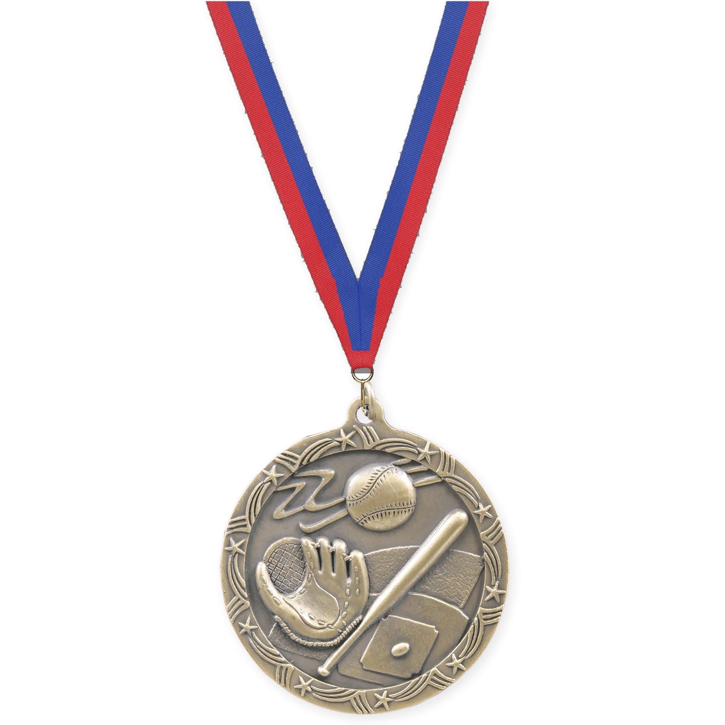 2 1/2 inch baseball and softball Shooting Star medal in antique gold with Blue Red neck ribbon