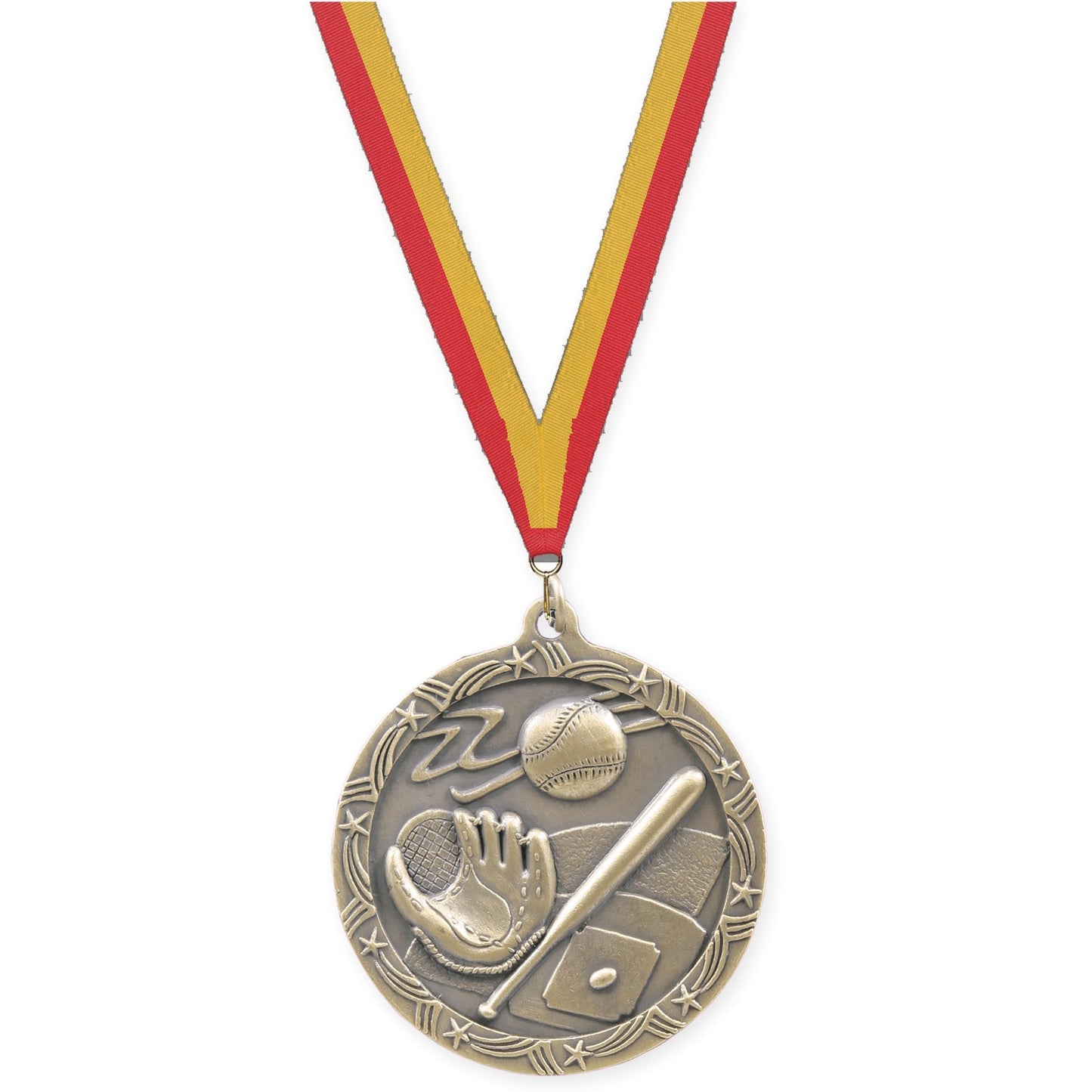 2 1/2 inch baseball and softball Shooting Star medal in antique gold with Red Gold neck ribbon