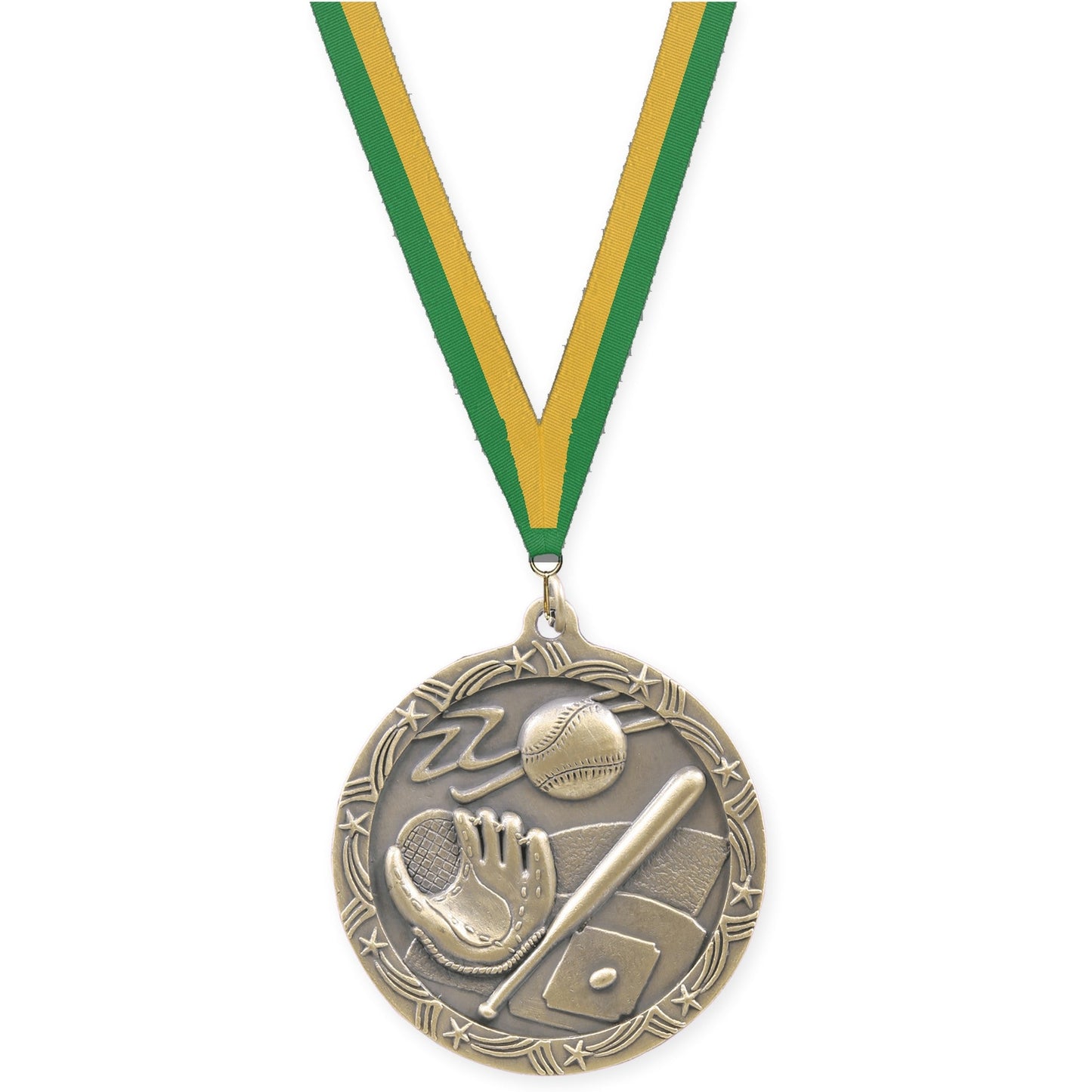 2 1/2 inch baseball and softball Shooting Star medal in antique gold with Green Gold neck ribbon