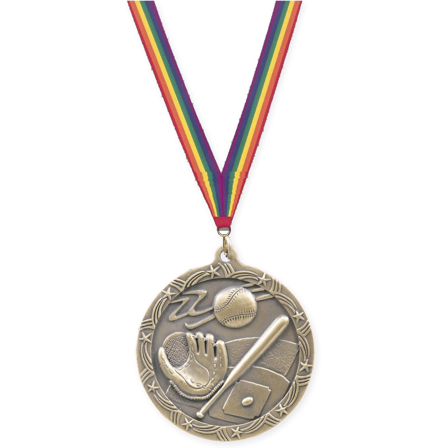 2 1/2 inch baseball and softball Shooting Star medal in antique gold with Rainbow neck ribbon