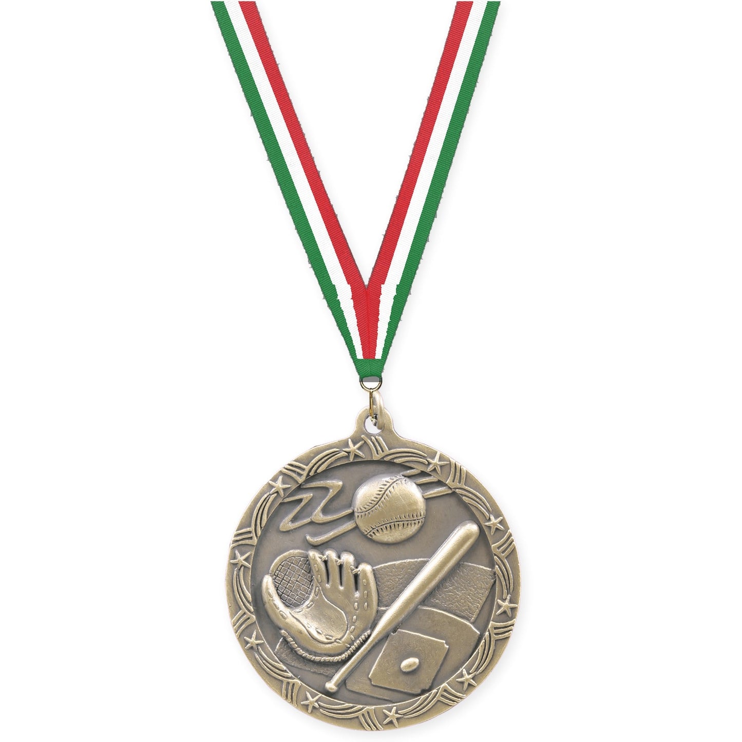 2 1/2 inch baseball and softball Shooting Star medal in antique gold with Green White Red neck ribbon
