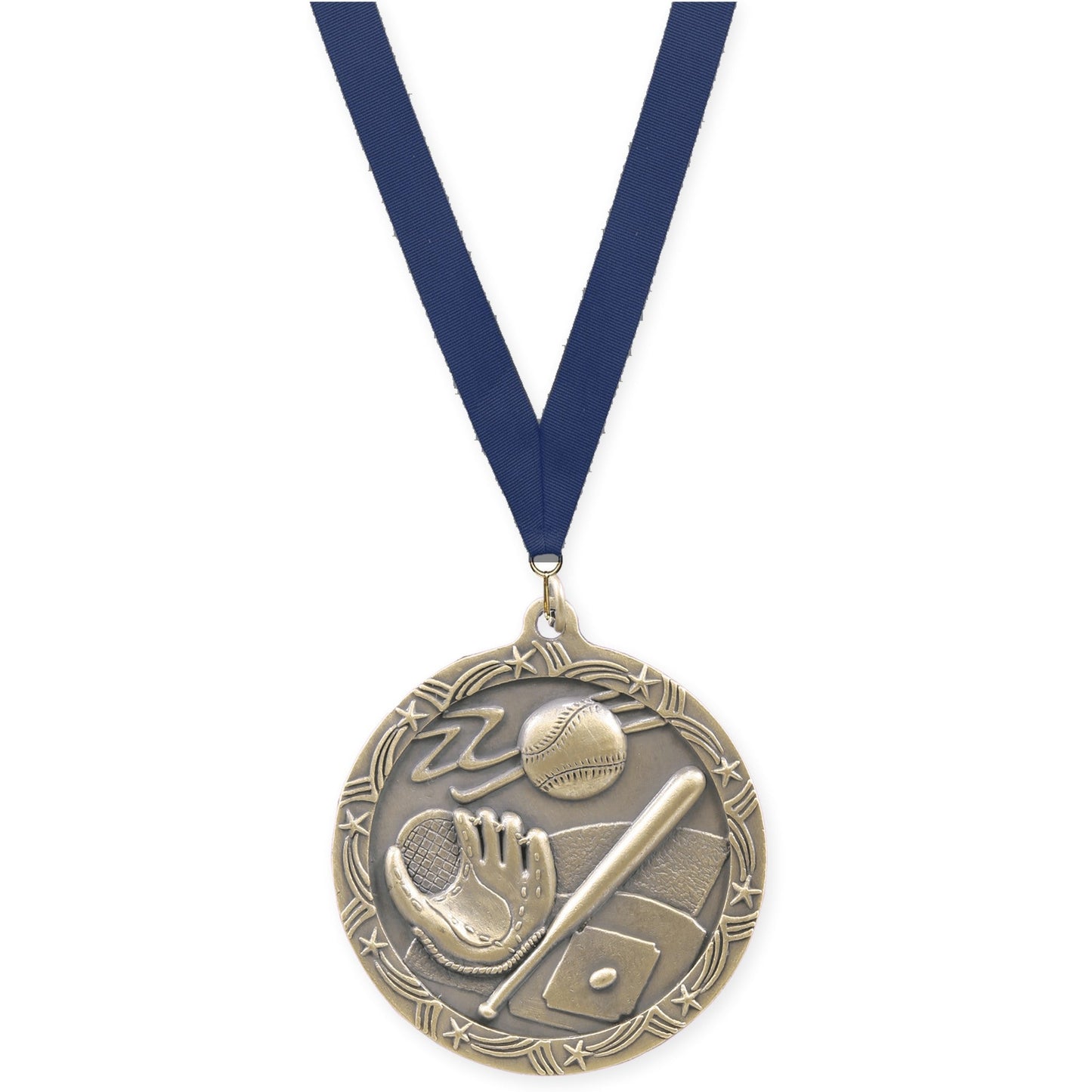 2 1/2 inch baseball and softball Shooting Star medal in antique gold with Navy neck ribbon