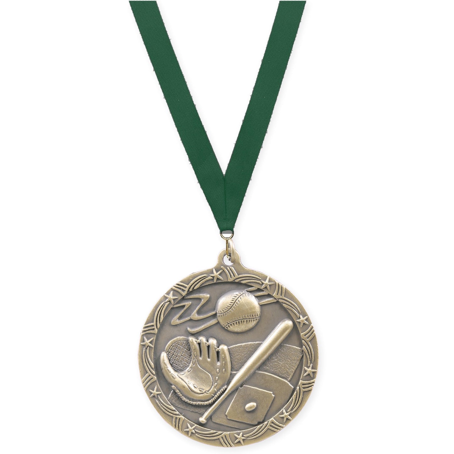 2 1/2 inch baseball and softball Shooting Star medal in antique gold with Hunter Green neck ribbon