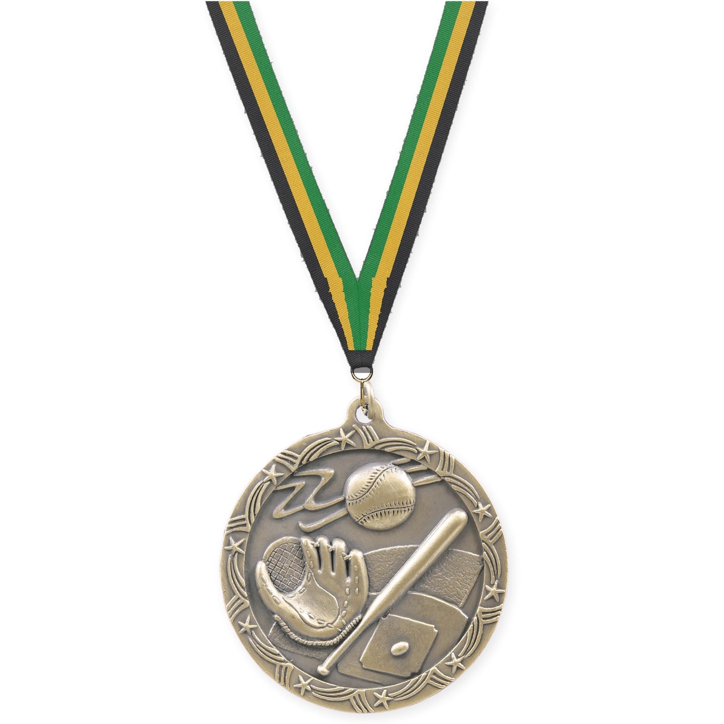 2 1/2 inch baseball and softball Shooting Star medal in antique gold with Black Gold Green neck ribbon