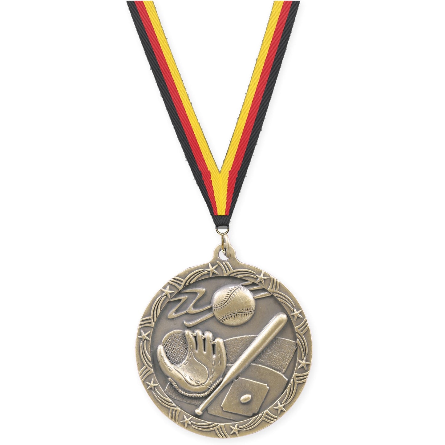2 1/2 inch baseball and softball Shooting Star medal in antique gold with Black Red Yellow neck ribbon