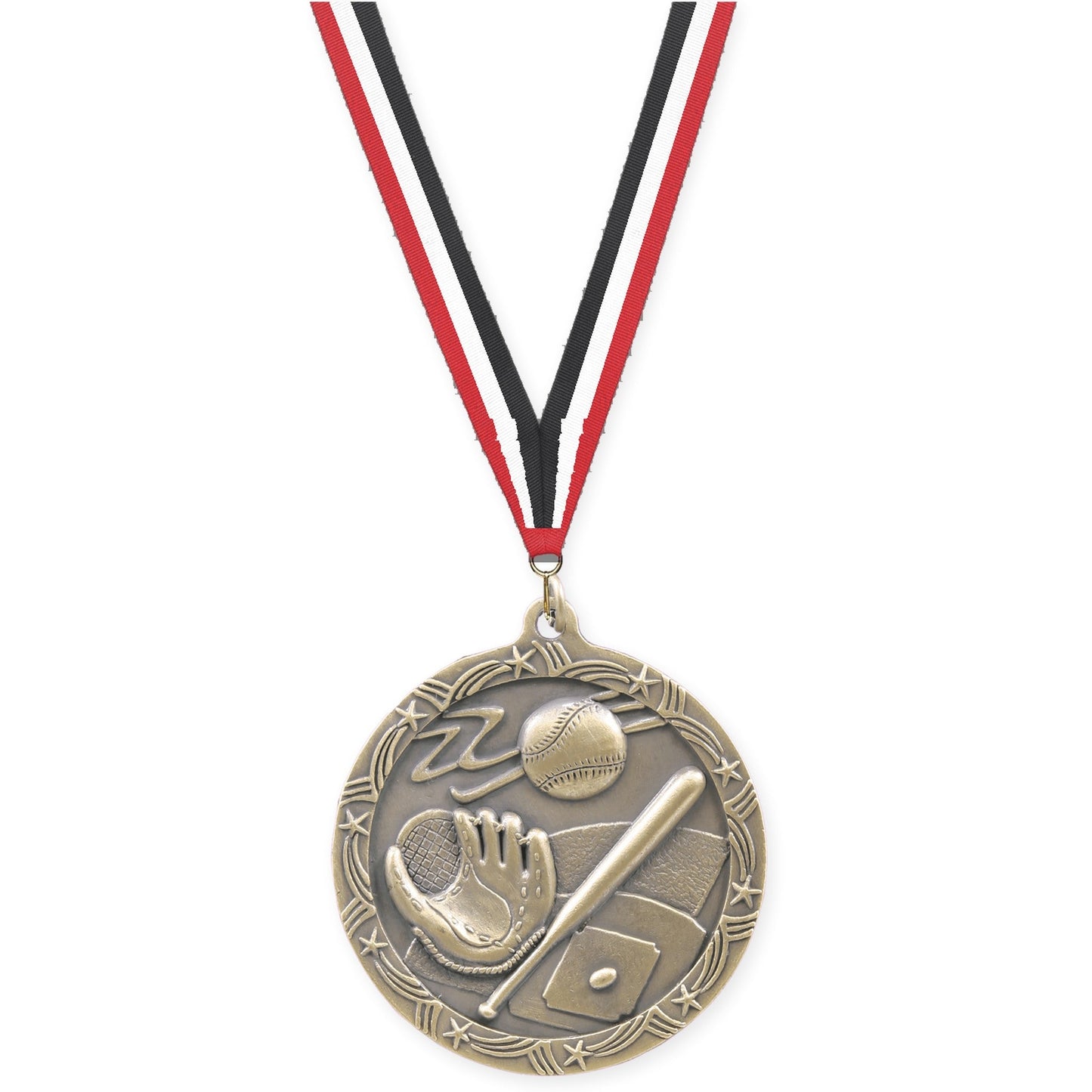 2 1/2 inch baseball and softball Shooting Star medal in antique gold with Red White Black neck ribbon