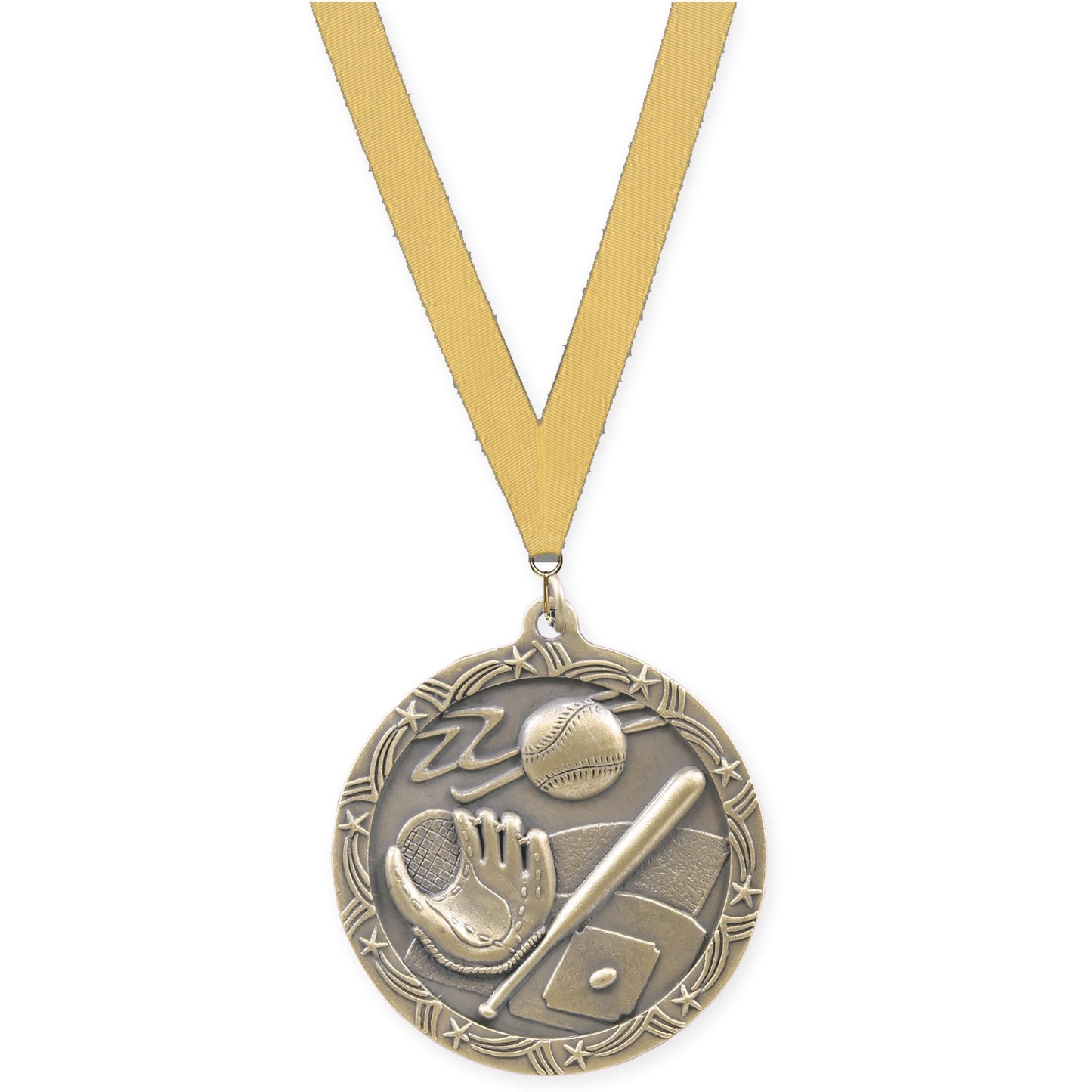2 1/2 inch baseball and softball Shooting Star medal in antique gold with Gold Metallic neck ribbon