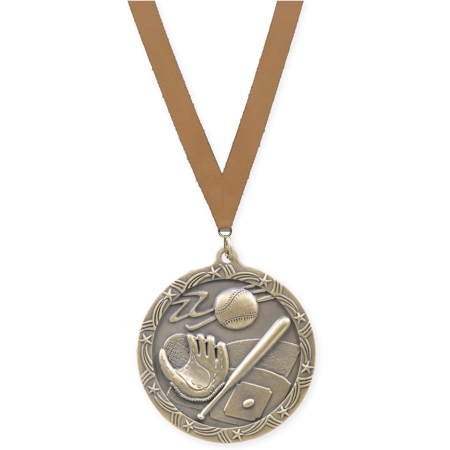 2 1/2 inch baseball and softball Shooting Star medal in antique gold with Bronze Metallic neck ribbon