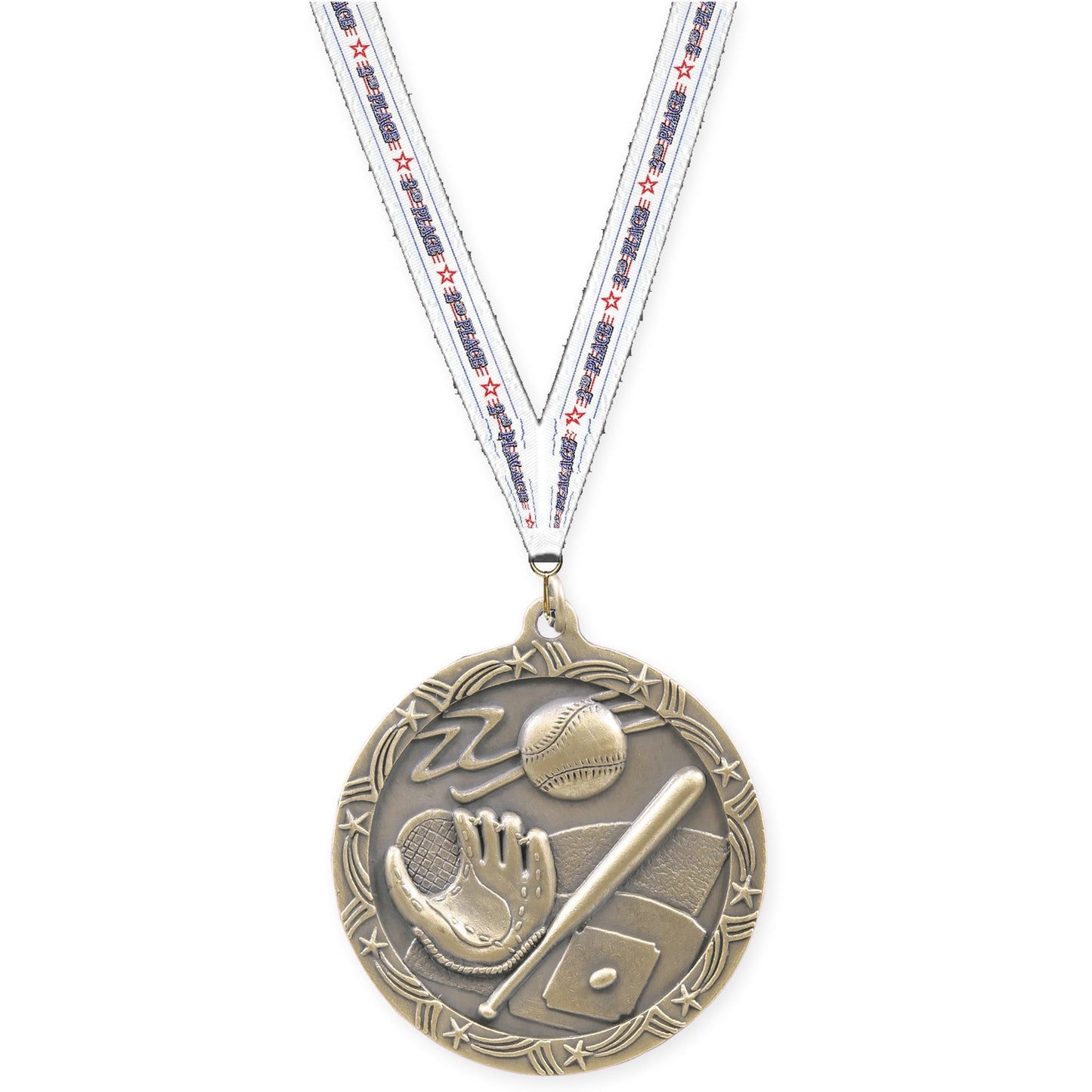 2 1/2 inch baseball and softball Shooting Star medal in antique gold with 2nd Place neck ribbon