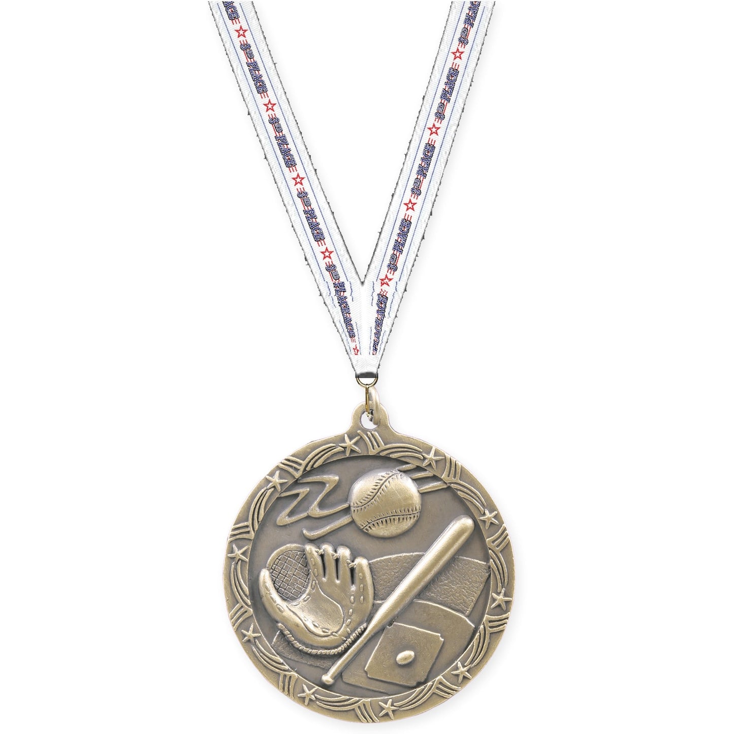 2 1/2 inch baseball and softball Shooting Star medal in antique gold with 3rd Place neck ribbon