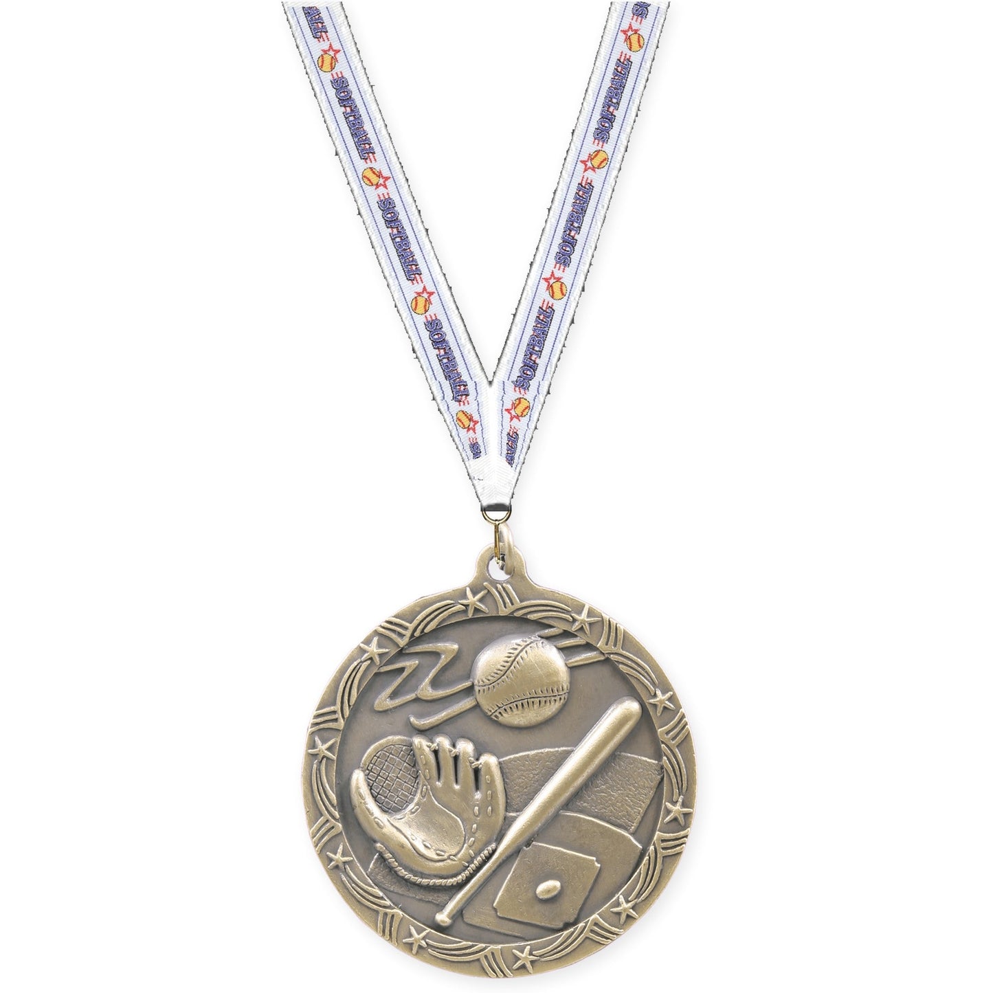 2 1/2 inch baseball and softball Shooting Star medal in antique gold with Softball neck ribbon