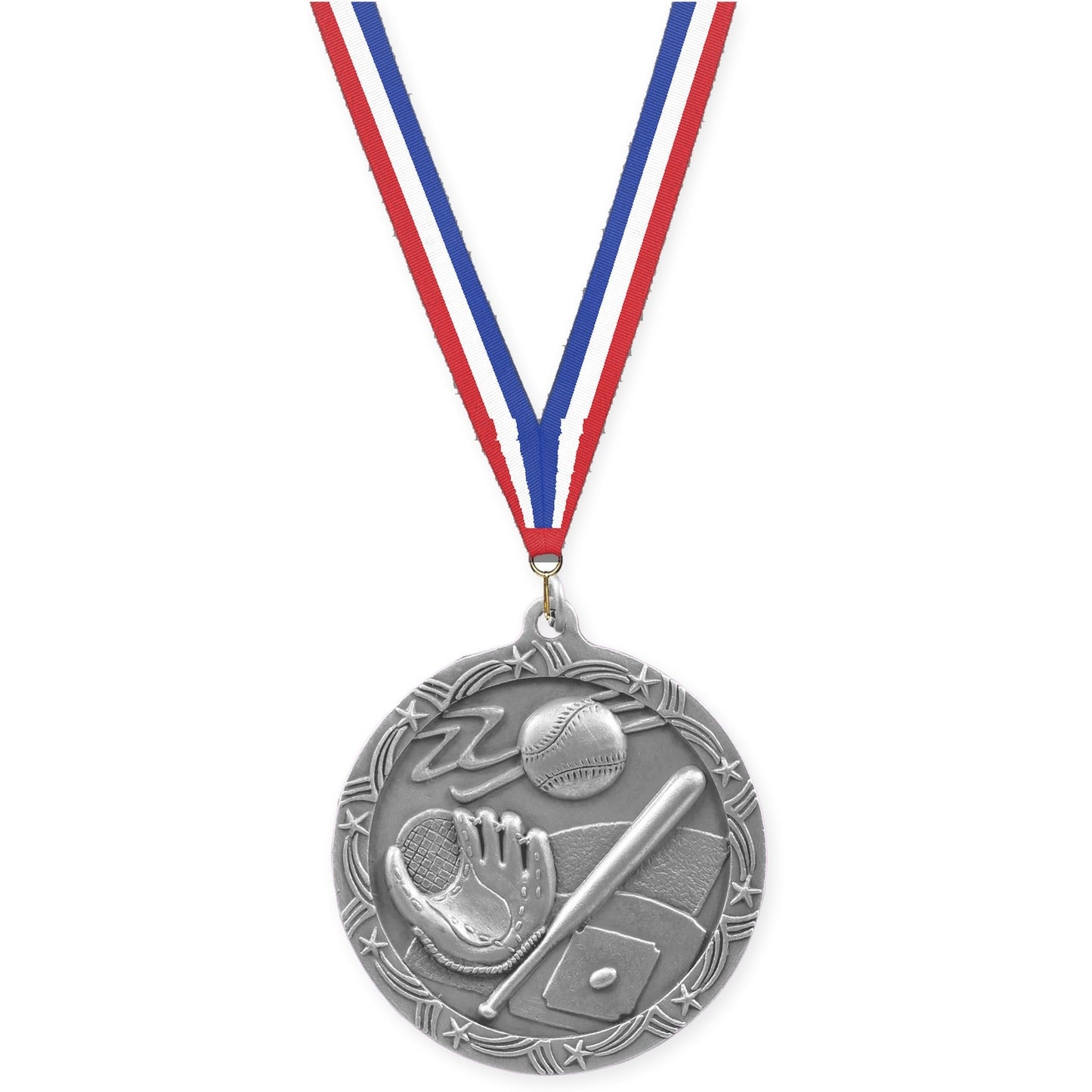 2 1/2 inch baseball and softball Shooting Star medal in antique silver with Red White Blue neck ribbon