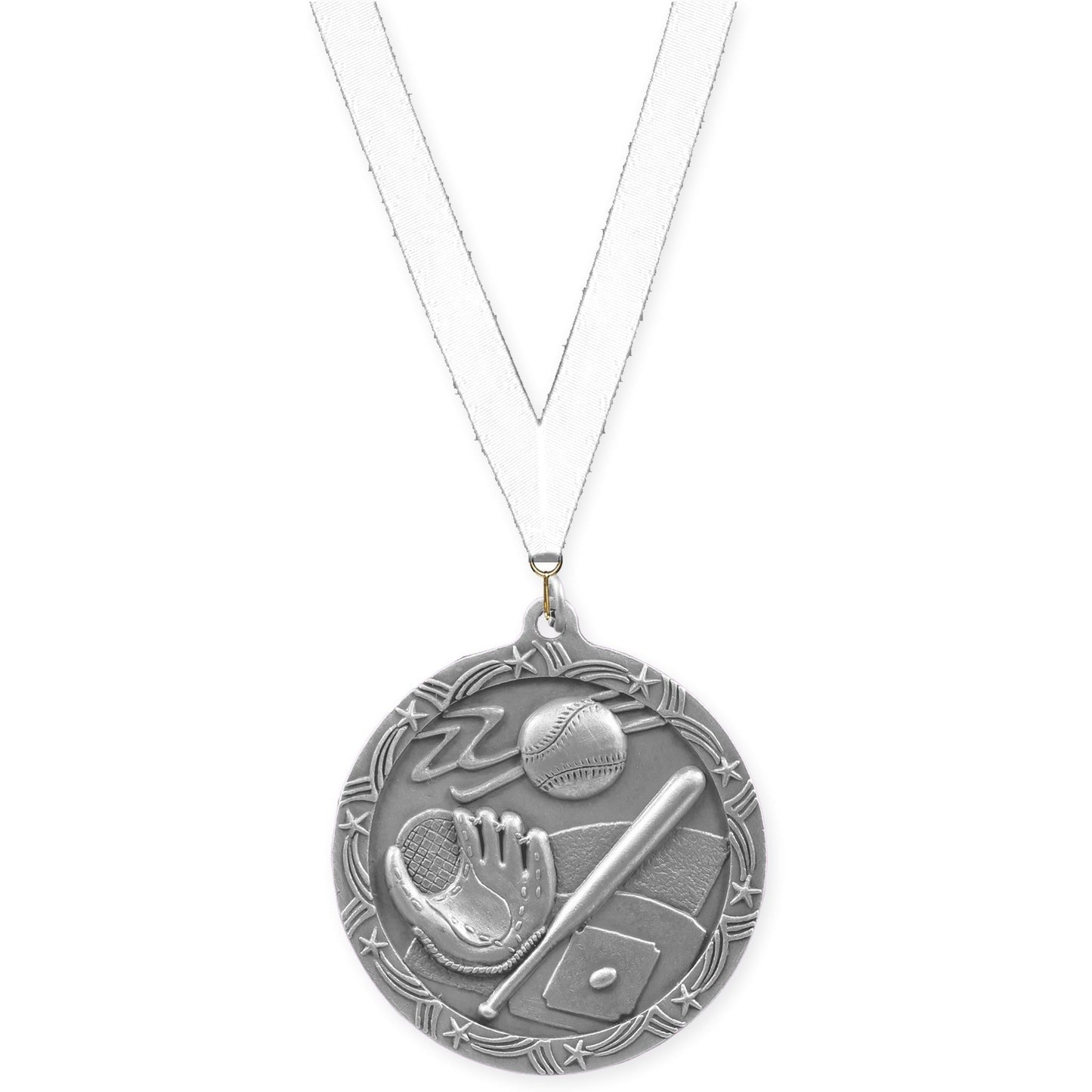 2 1/2 inch baseball and softball Shooting Star medal in antique silver with White neck ribbon