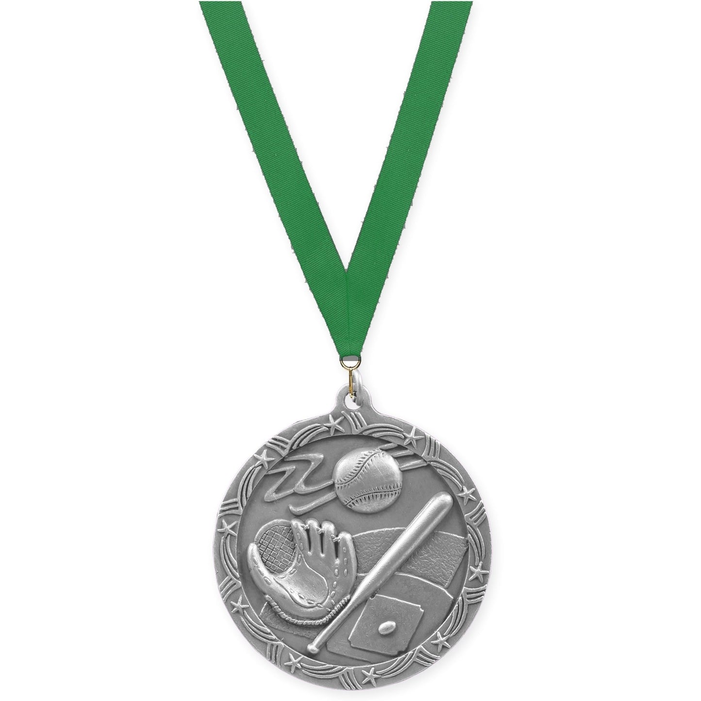 2 1/2 inch baseball and softball Shooting Star medal in antique silver with Green neck ribbon