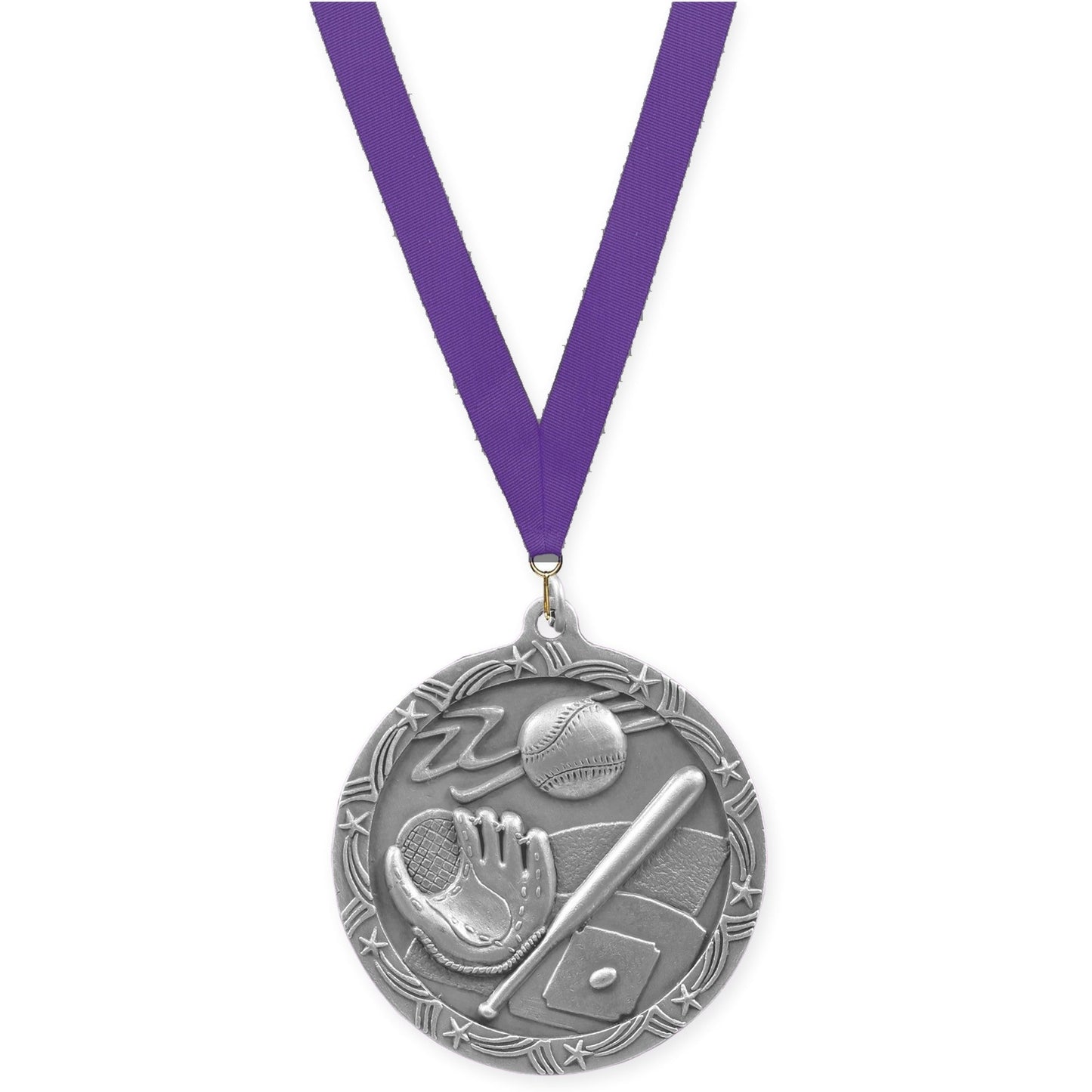 2 1/2 inch baseball and softball Shooting Star medal in antique silver with Purple neck ribbon