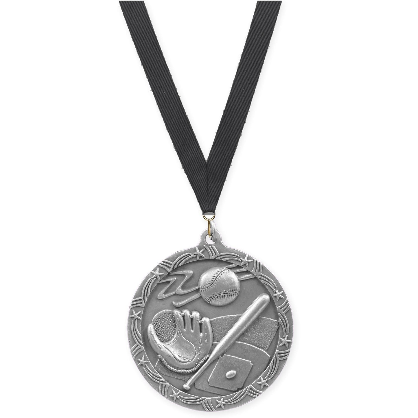 2 1/2 inch baseball and softball Shooting Star medal in antique silver with Black neck ribbon