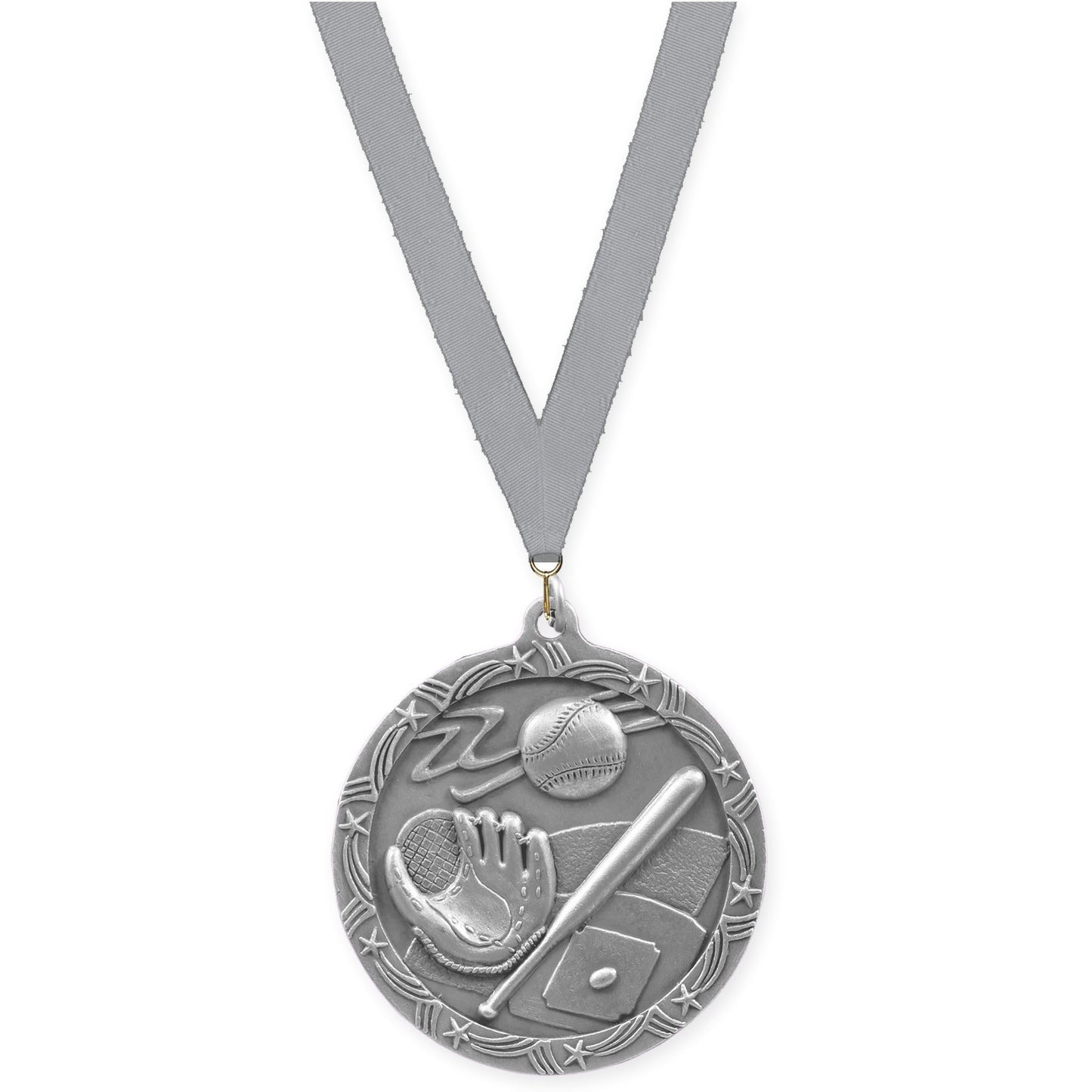 2 1/2 inch baseball and softball Shooting Star medal in antique silver with Gray neck ribbon