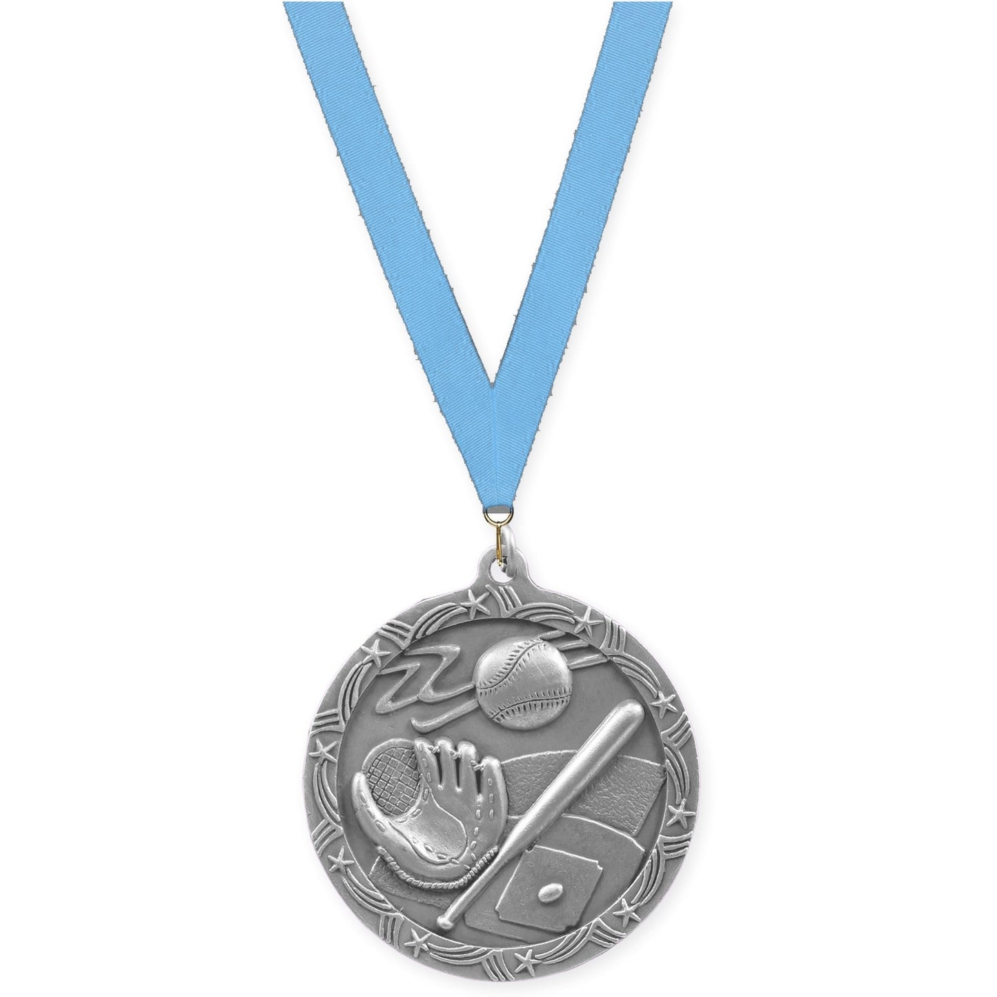 2 1/2 inch baseball and softball Shooting Star medal in antique silver with Light Blue neck ribbon