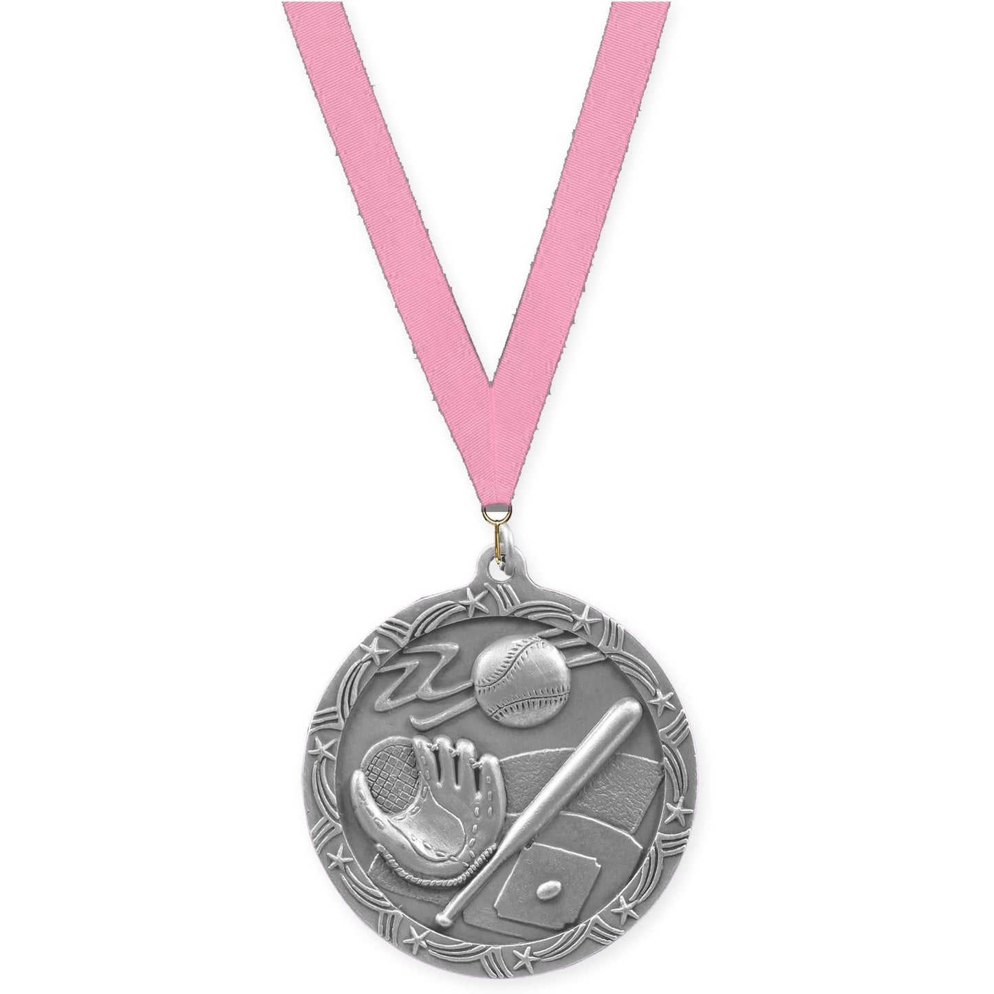 2 1/2 inch baseball and softball Shooting Star medal in antique silver with Pink neck ribbon
