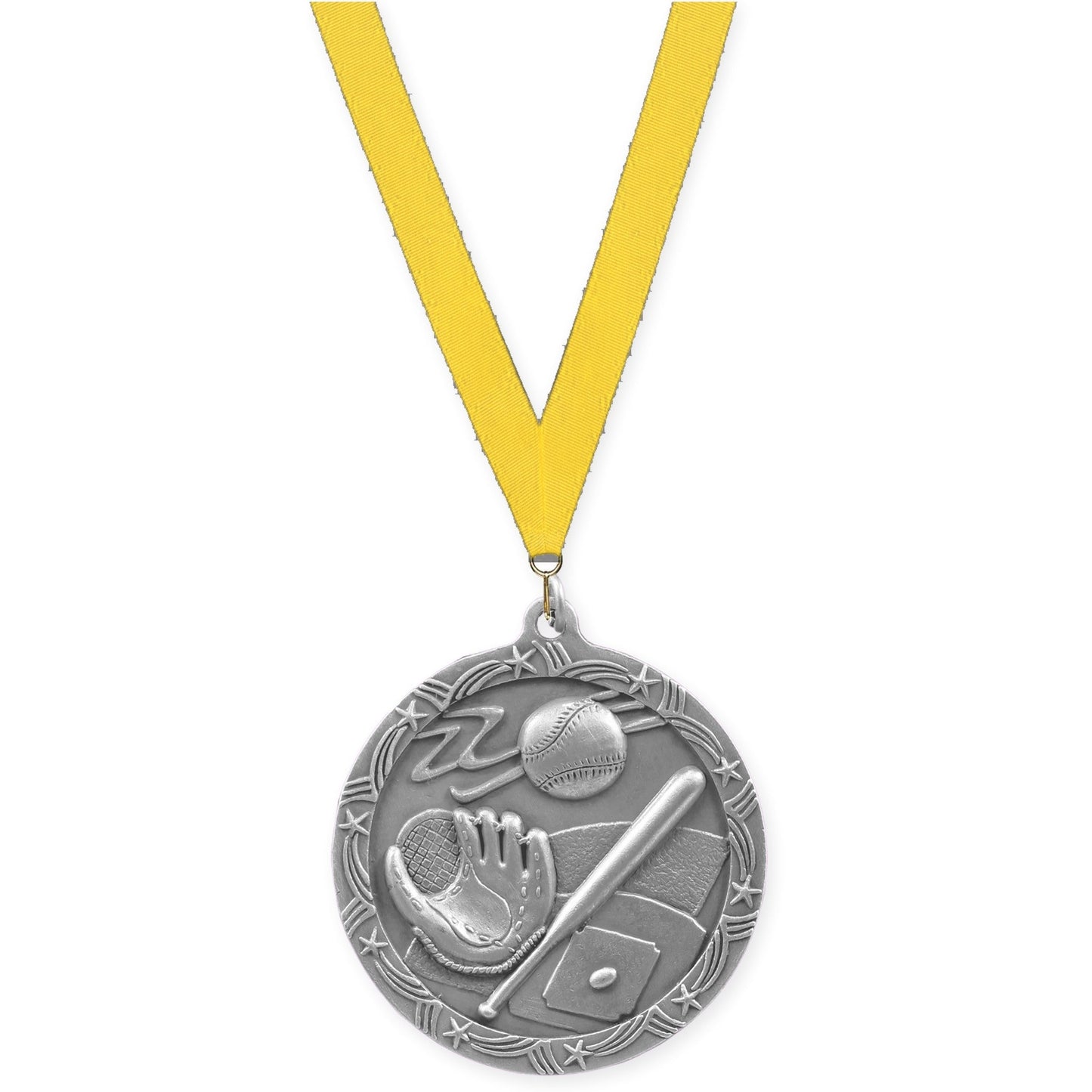 2 1/2 inch baseball and softball Shooting Star medal in antique silver with Yellow neck ribbon