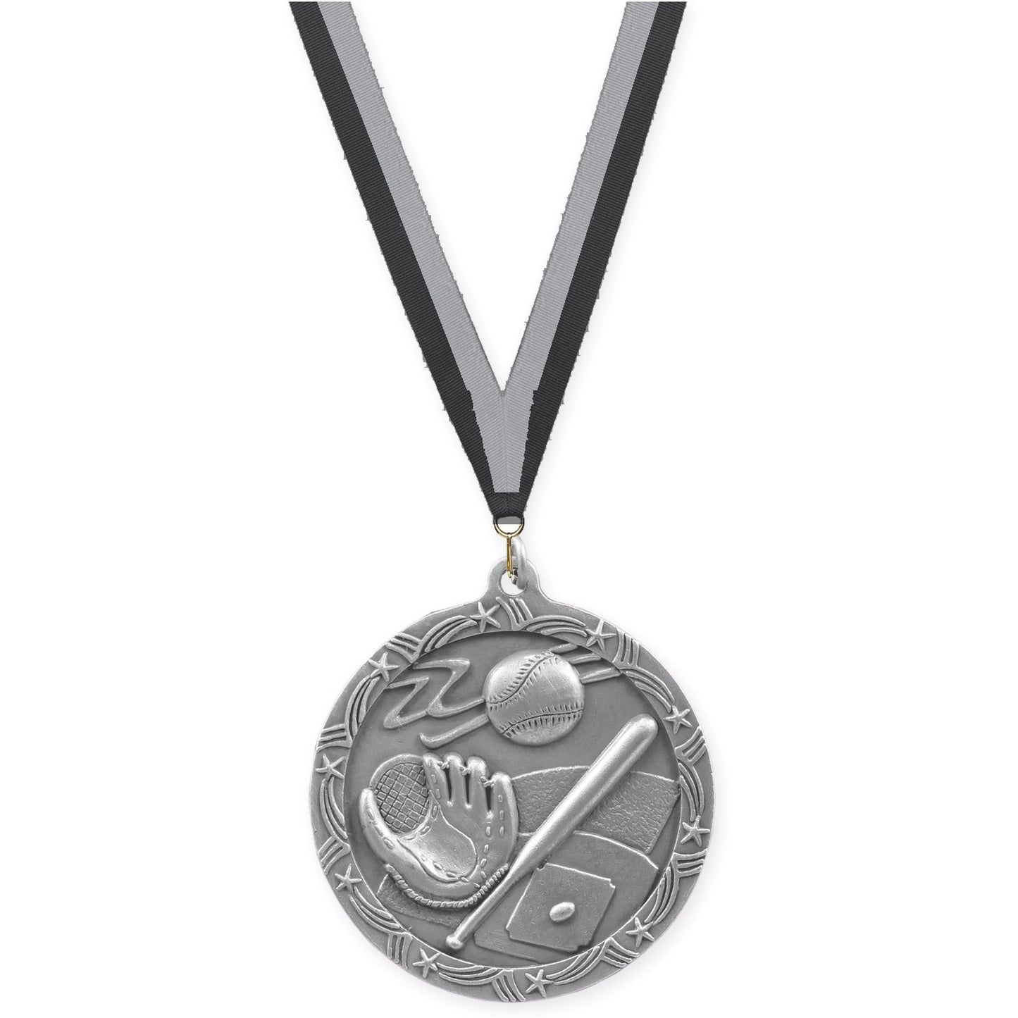 2 1/2 inch baseball and softball Shooting Star medal in antique silver with Black Gray neck ribbon