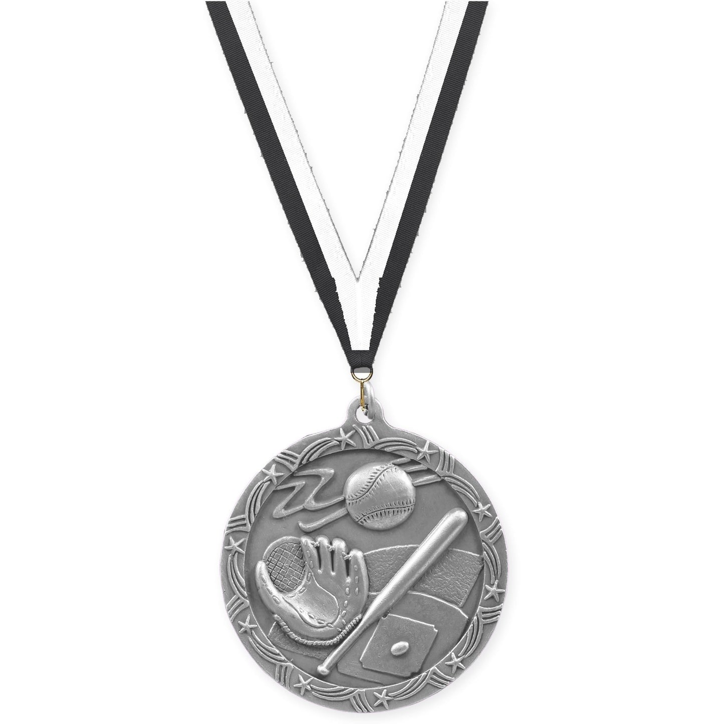 2 1/2 inch baseball and softball Shooting Star medal in antique silver with Black White neck ribbon