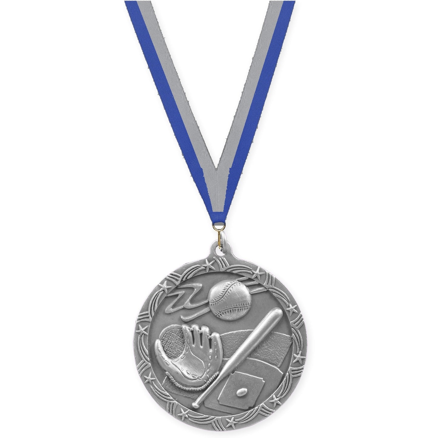 2 1/2 inch baseball and softball Shooting Star medal in antique silver with Blue Gray neck ribbon