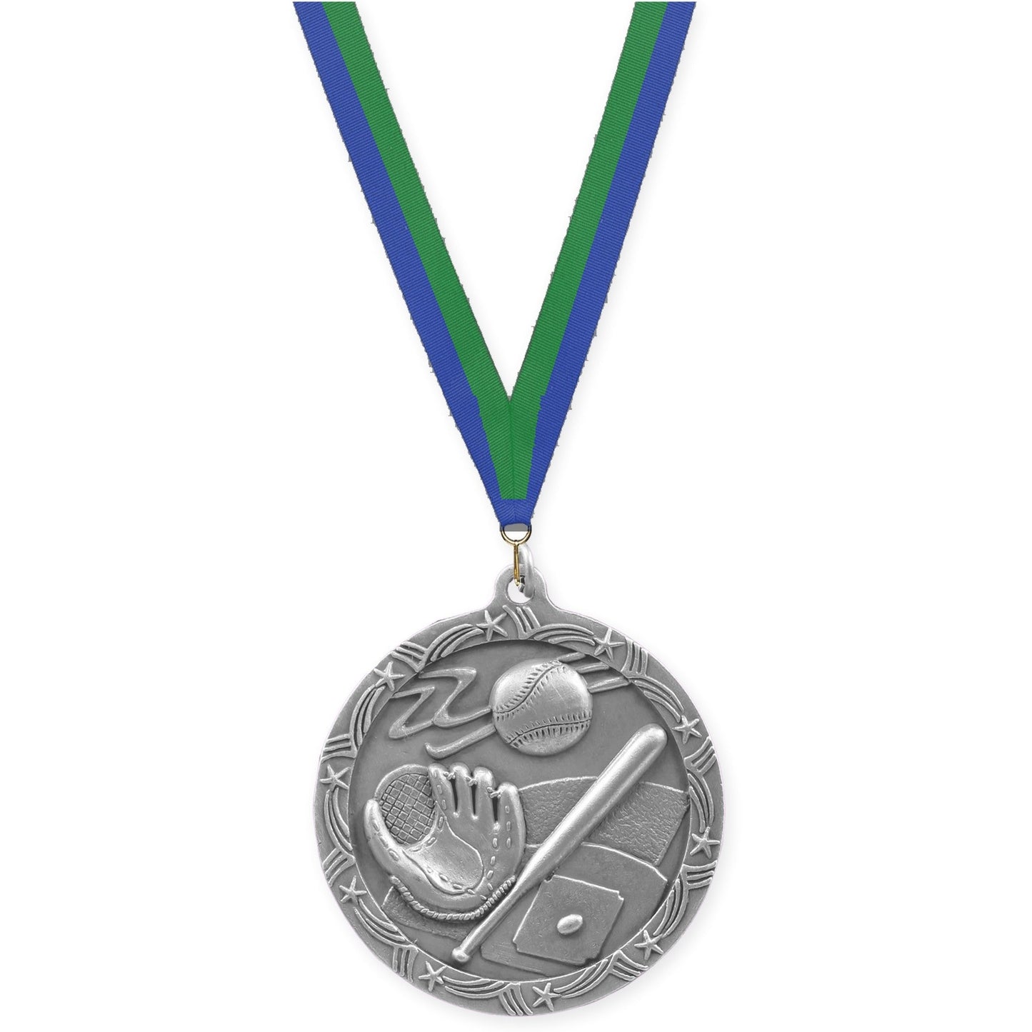 2 1/2 inch baseball and softball Shooting Star medal in antique silver with Blue Green neck ribbon
