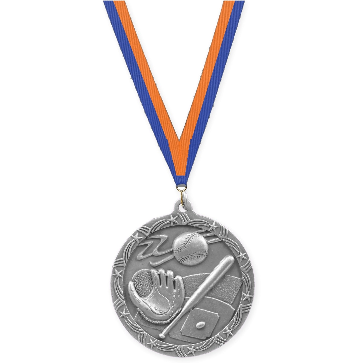 2 1/2 inch baseball and softball Shooting Star medal in antique silver with Blue Orange neck ribbon