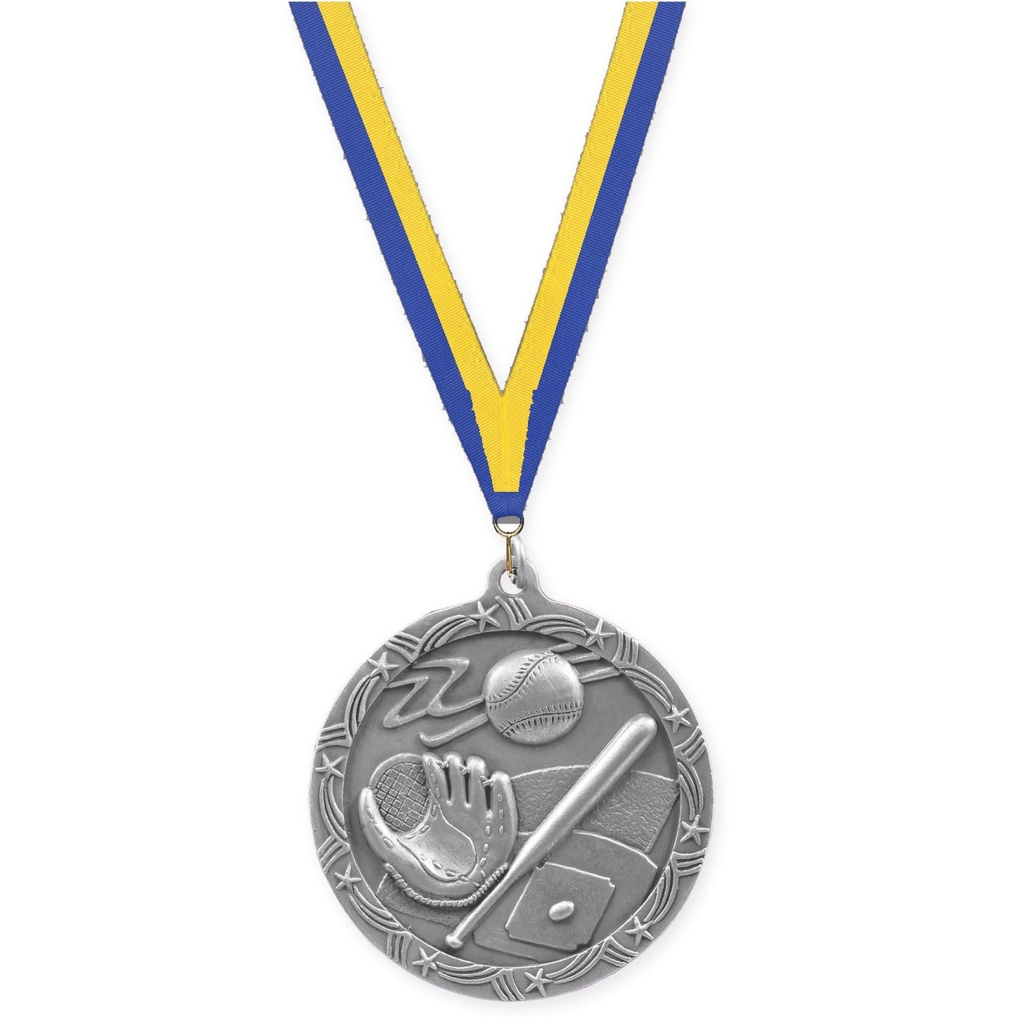 2 1/2 inch baseball and softball Shooting Star medal in antique silver with Blue Yellow neck ribbon