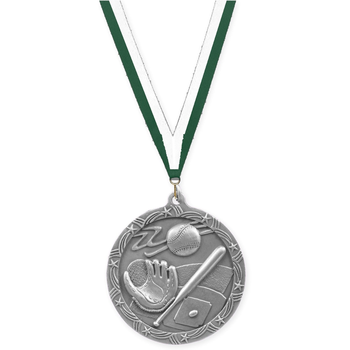 2 1/2 inch baseball and softball Shooting Star medal in antique silver with Hunter Green White neck ribbon