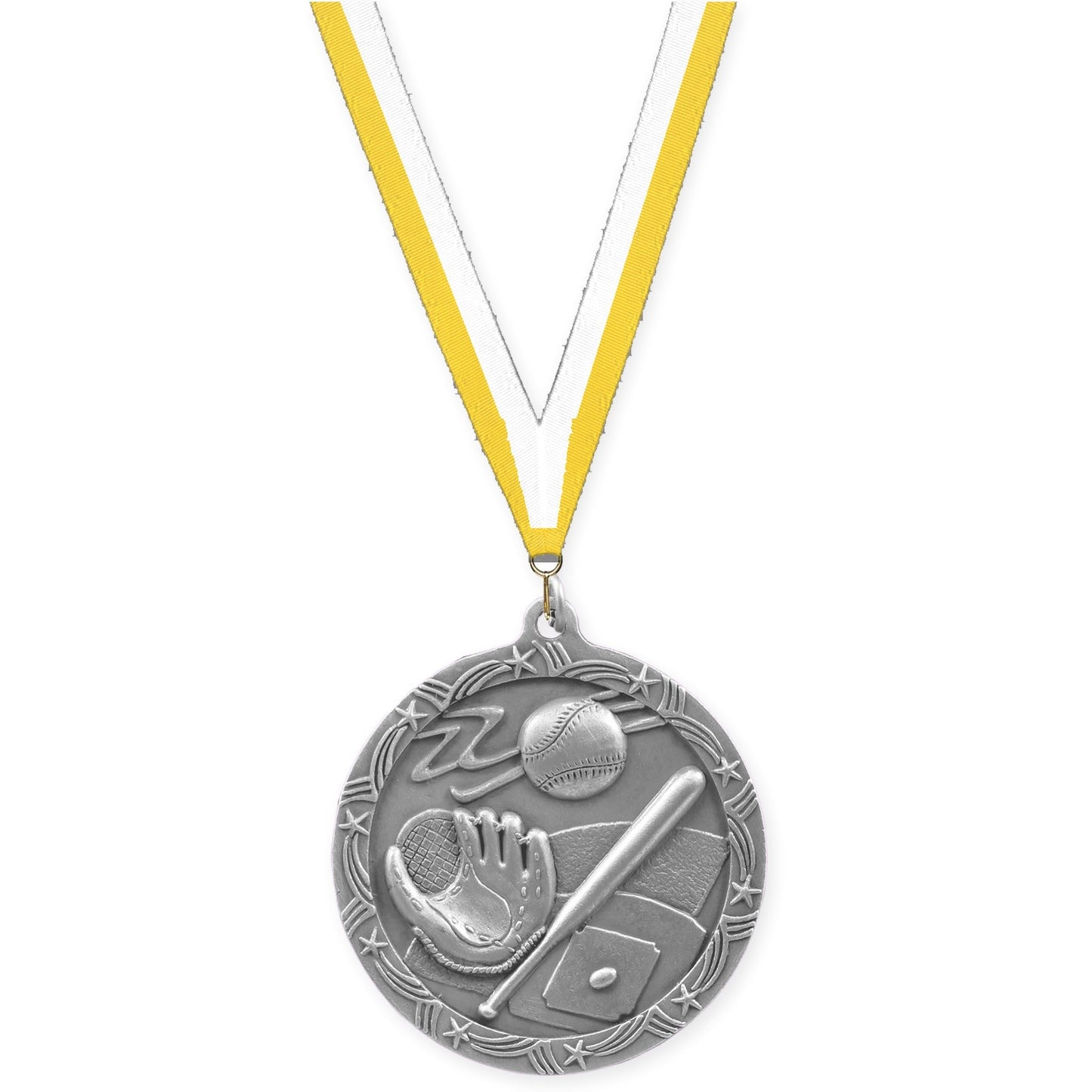 2 1/2 inch baseball and softball Shooting Star medal in antique silver with Yellow White neck ribbon