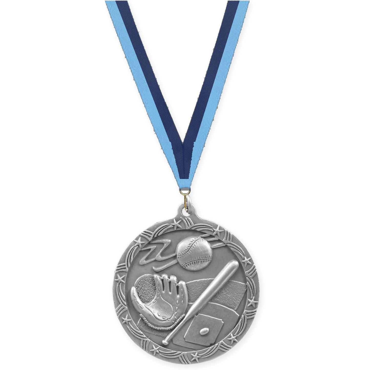 2 1/2 inch baseball and softball Shooting Star medal in antique silver with Light Blue Navy neck ribbon