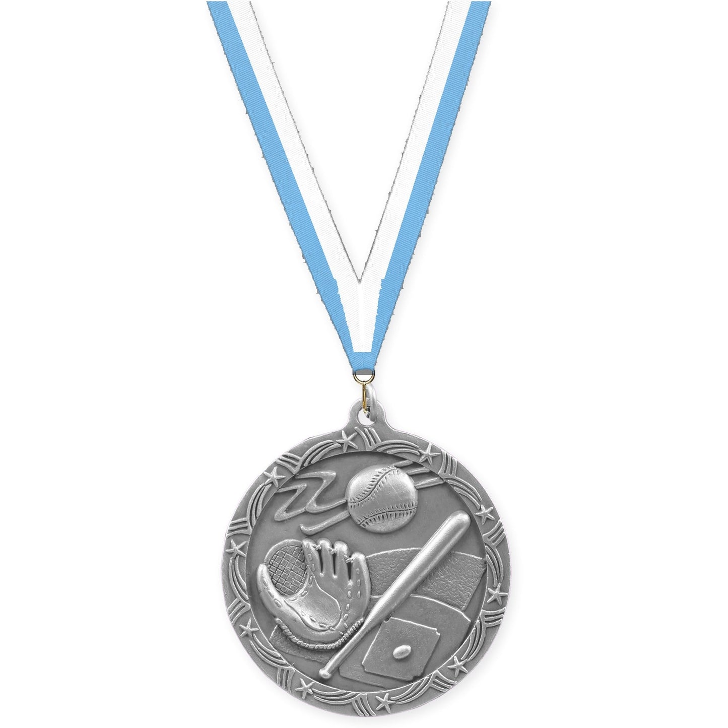 2 1/2 inch baseball and softball Shooting Star medal in antique silver with Light Blue White neck ribbon