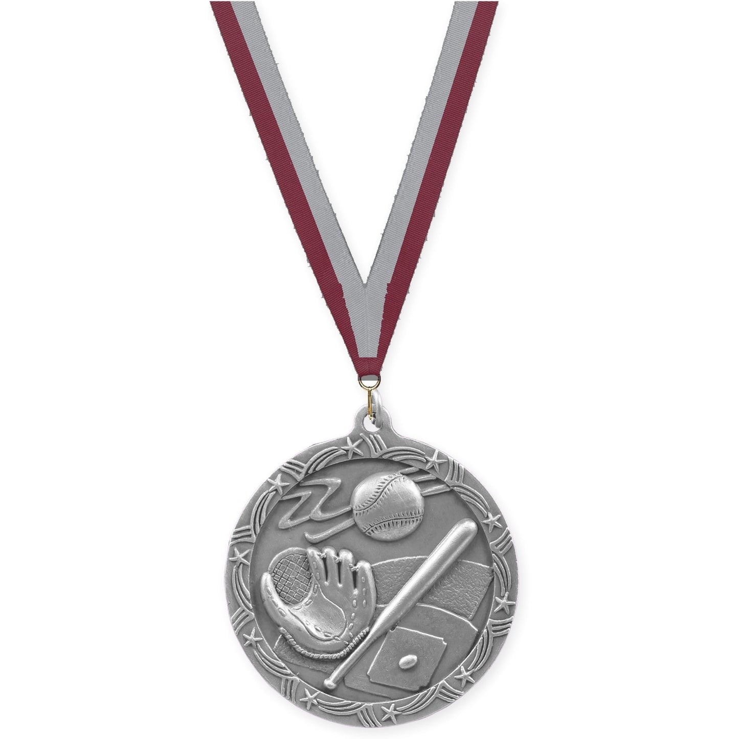 2 1/2 inch baseball and softball Shooting Star medal in antique silver with Maroon Gray neck ribbon