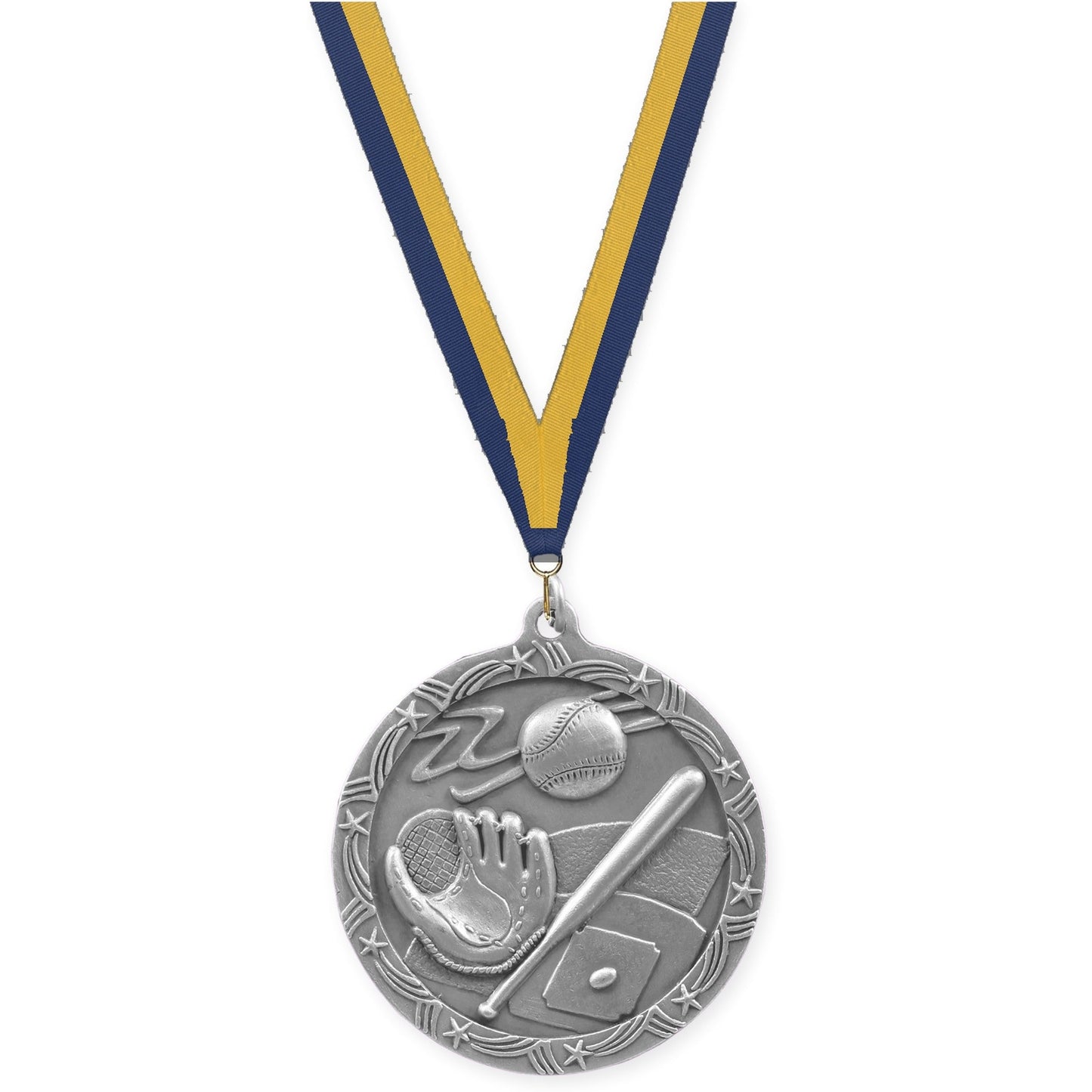 2 1/2 inch baseball and softball Shooting Star medal in antique silver with Navy Gold neck ribbon