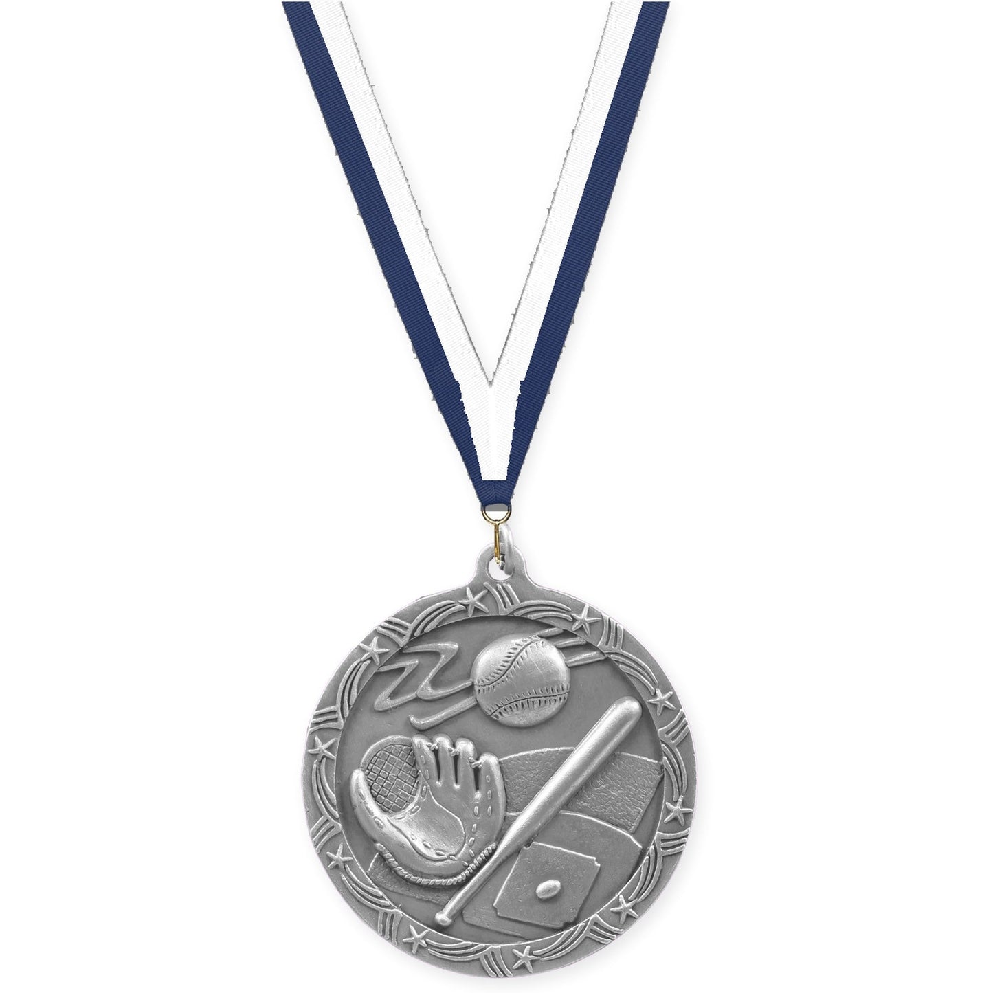 2 1/2 inch baseball and softball Shooting Star medal in antique silver with Navy White neck ribbon