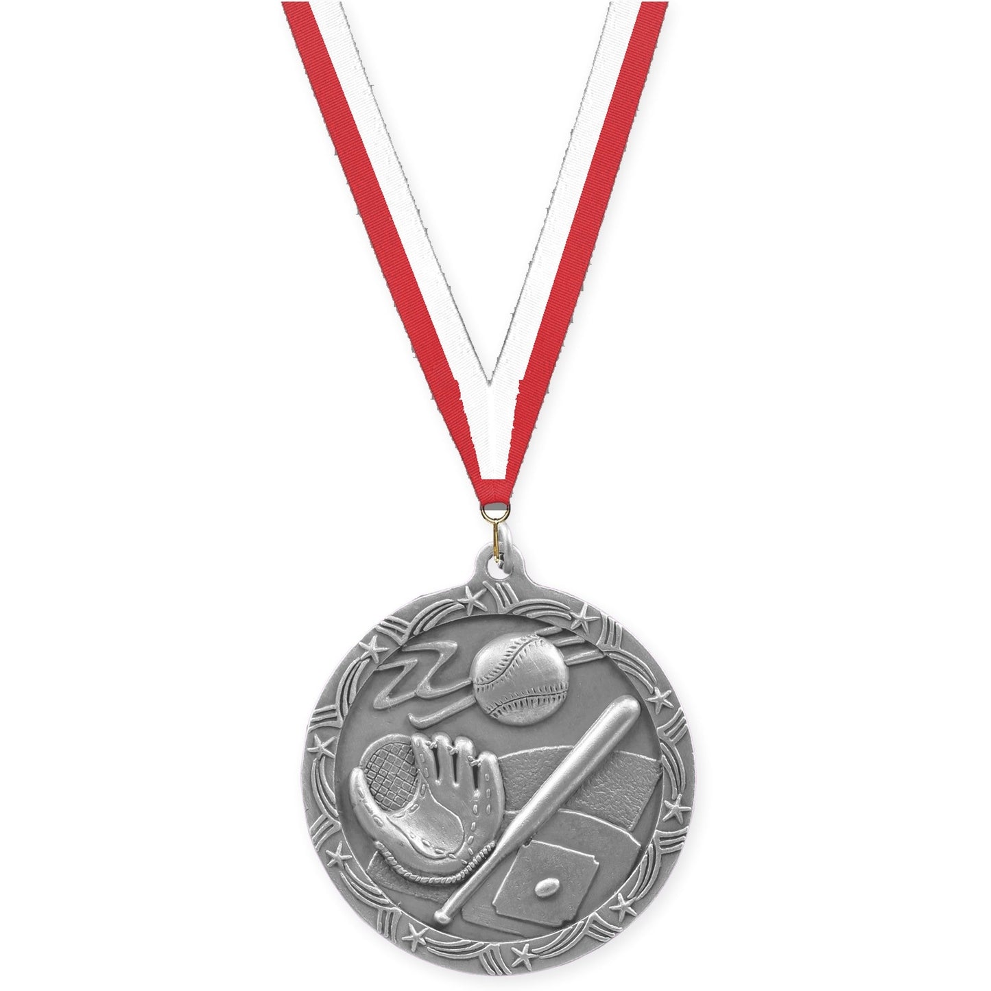 2 1/2 inch baseball and softball Shooting Star medal in antique silver with Red White neck ribbon