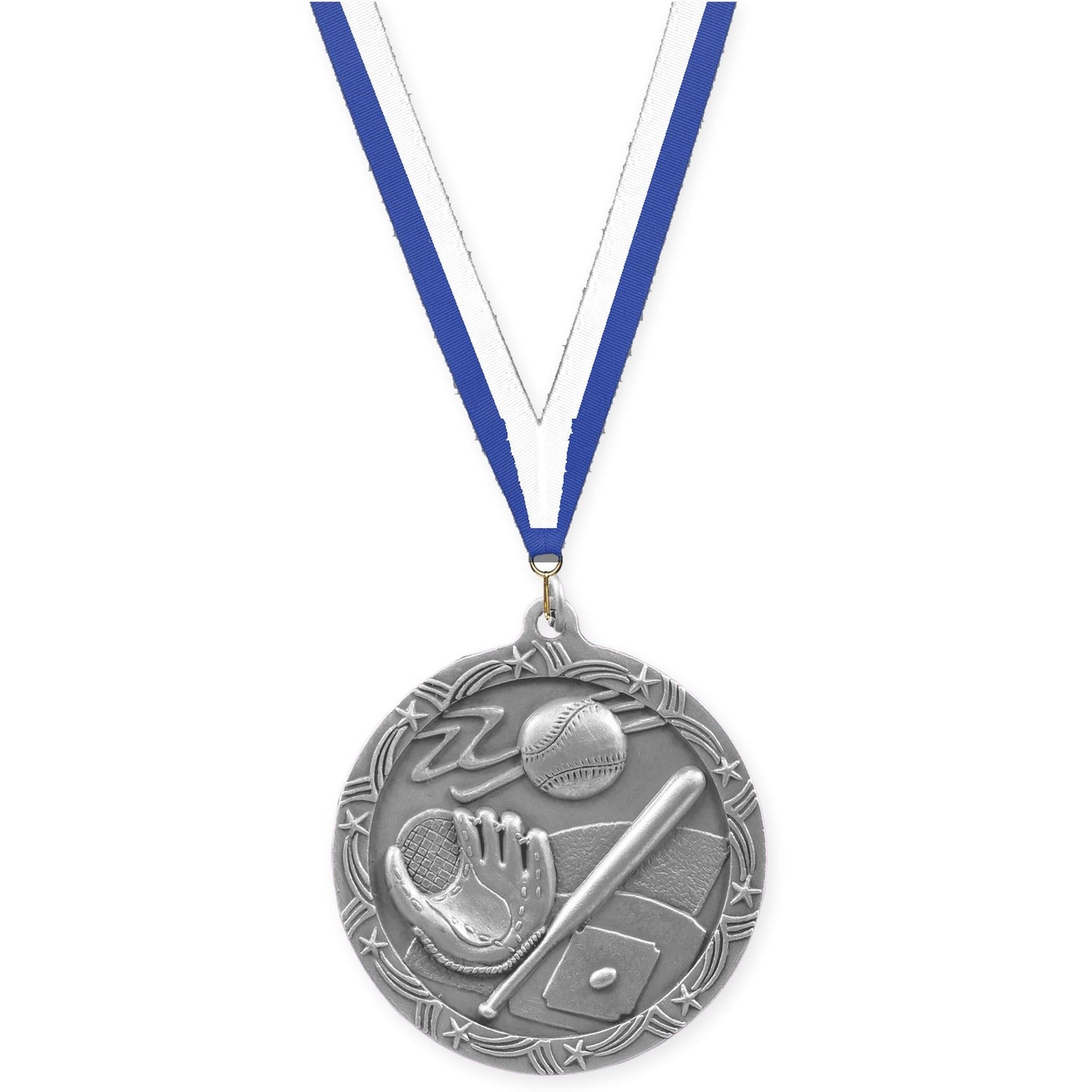 2 1/2 inch baseball and softball Shooting Star medal in antique silver with Blue White neck ribbon