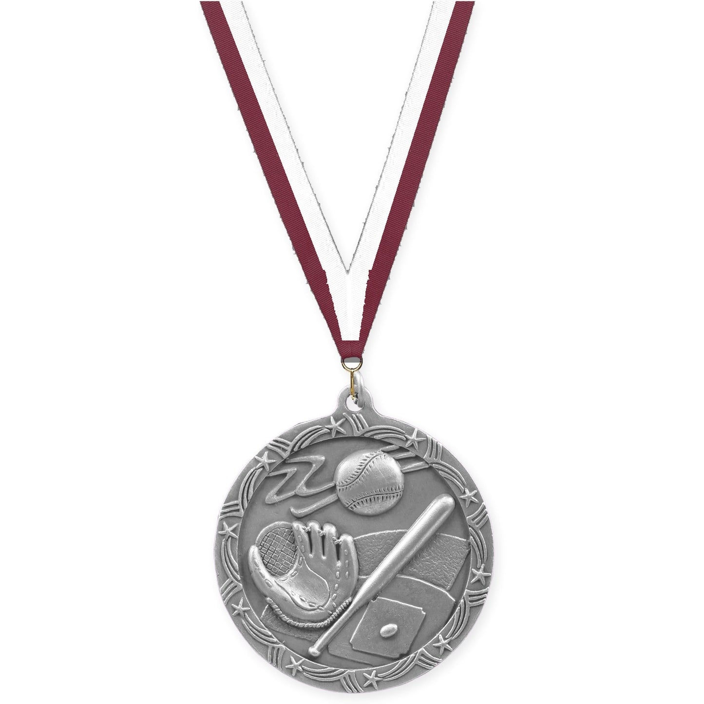 2 1/2 inch baseball and softball Shooting Star medal in antique silver with Maroon White neck ribbon