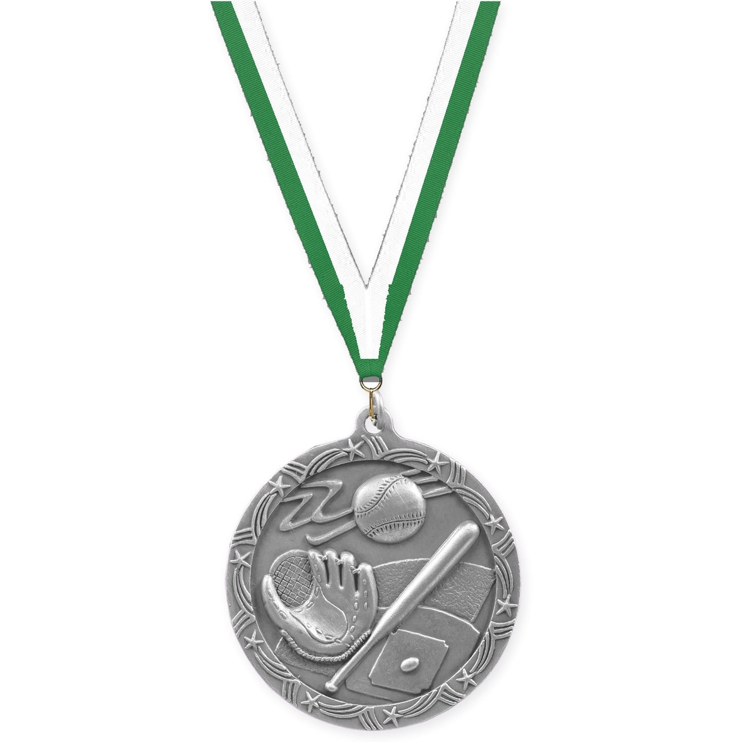 2 1/2 inch baseball and softball Shooting Star medal in antique silver with Green White neck ribbon