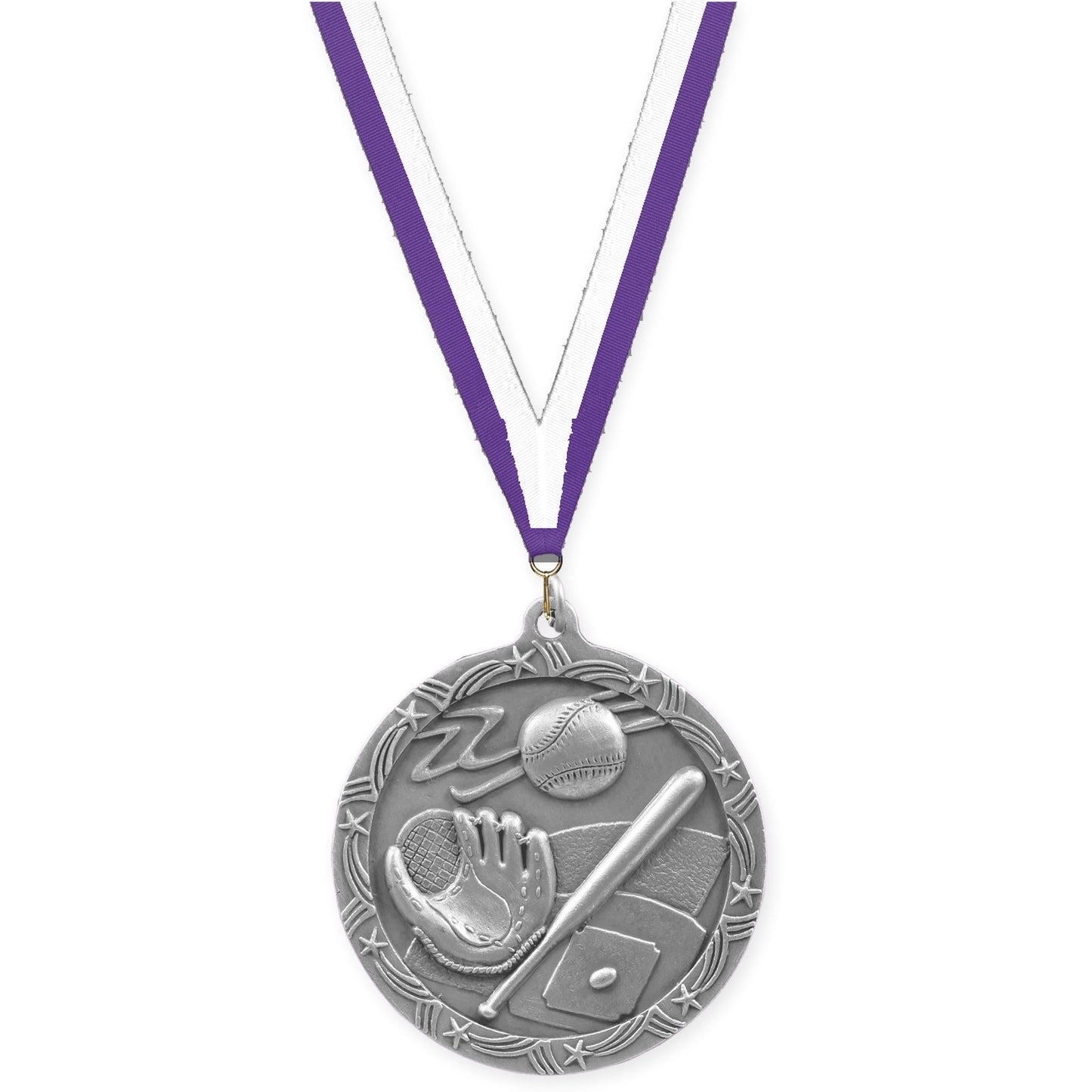 2 1/2 inch baseball and softball Shooting Star medal in antique silver with Purple White neck ribbon