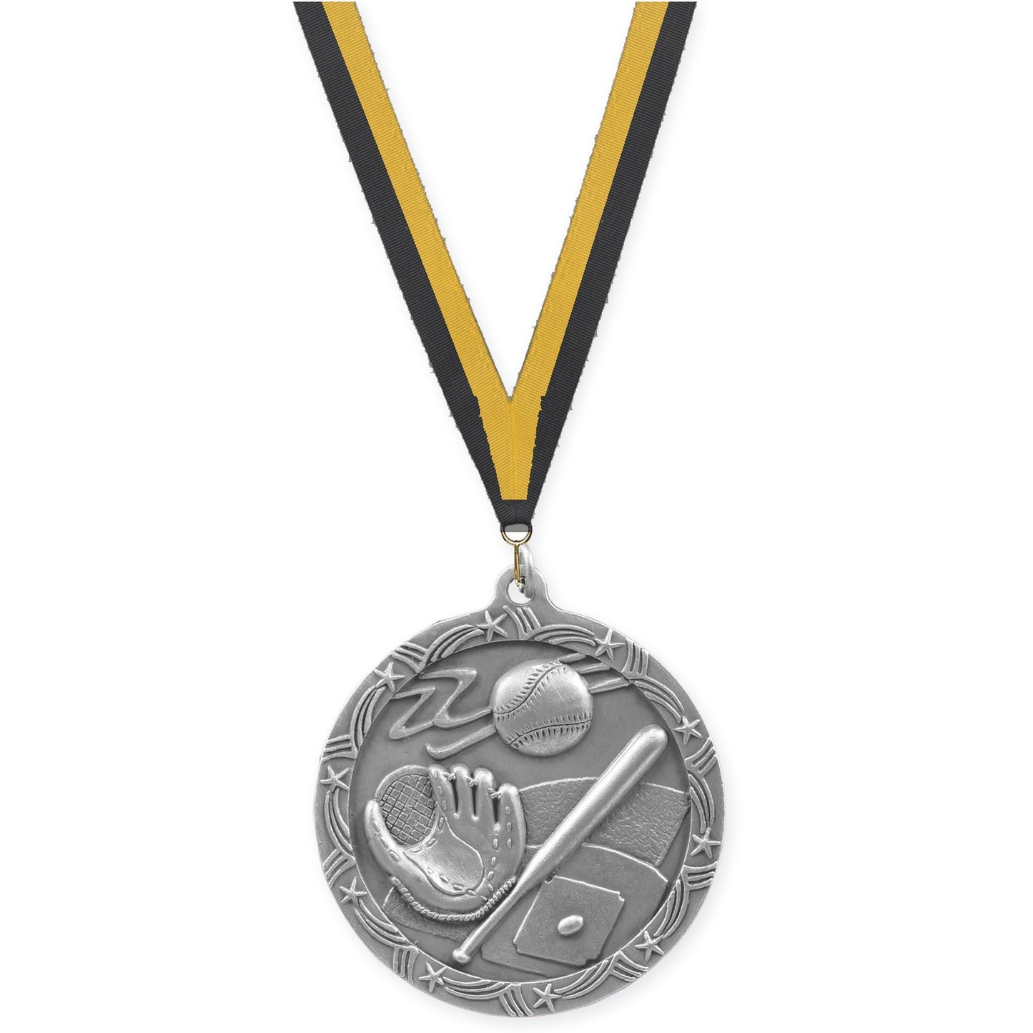 2 1/2 inch baseball and softball Shooting Star medal in antique silver with Black Gold neck ribbon