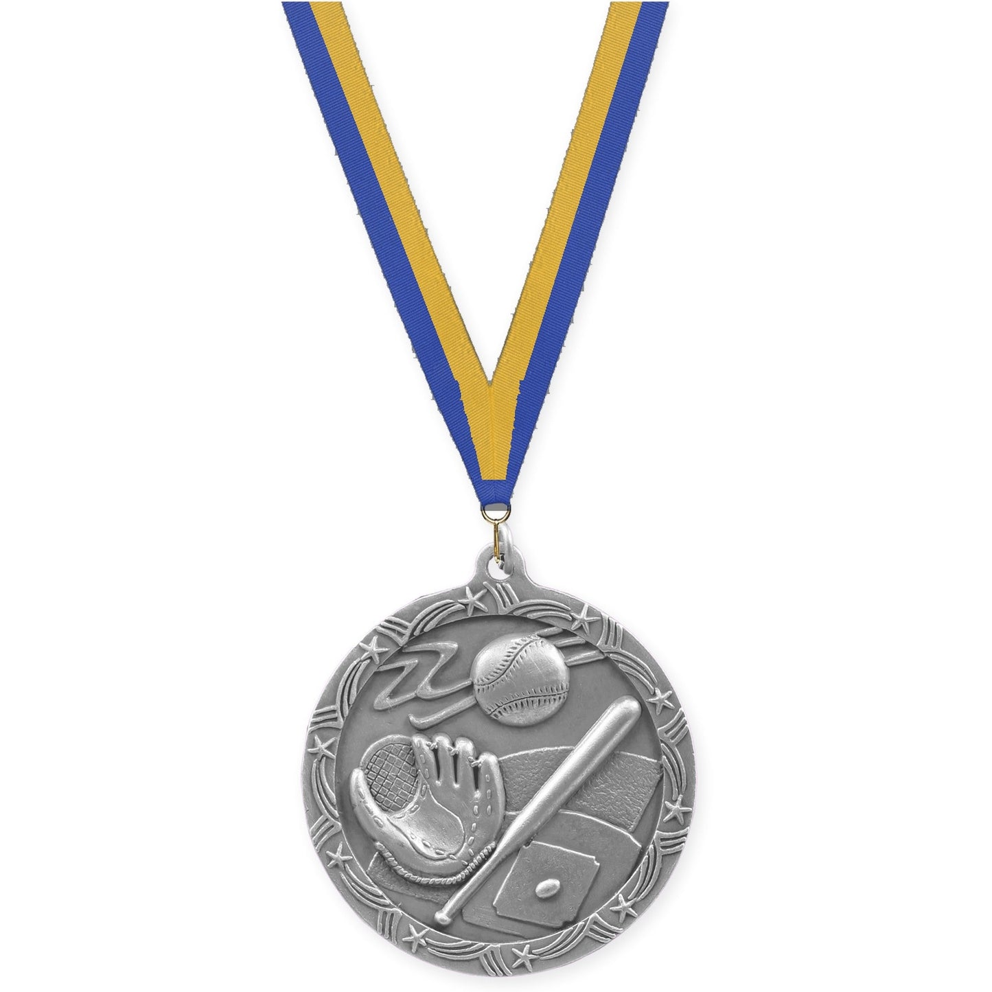 2 1/2 inch baseball and softball Shooting Star medal in antique silver with Blue Gold neck ribbon