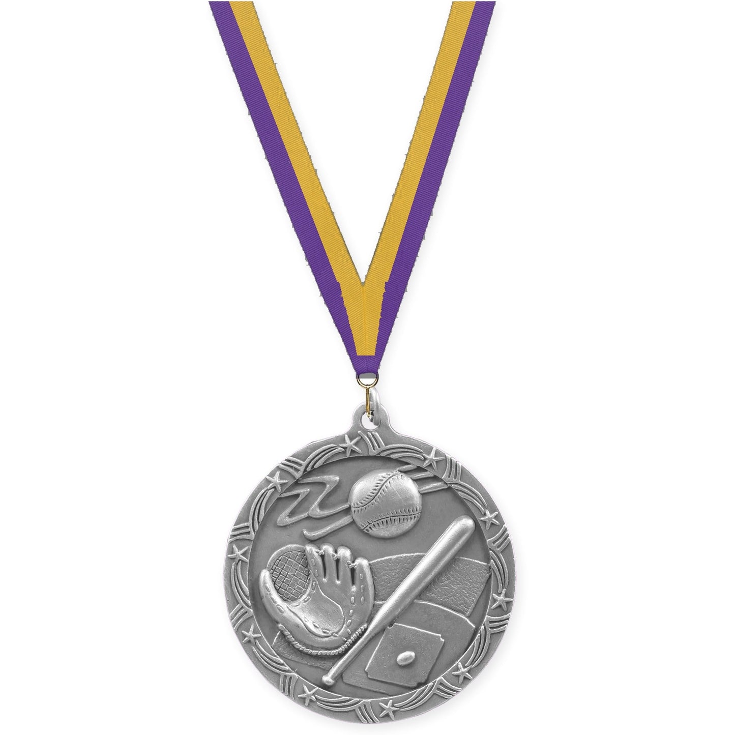 2 1/2 inch baseball and softball Shooting Star medal in antique silver with Purple Gold neck ribbon